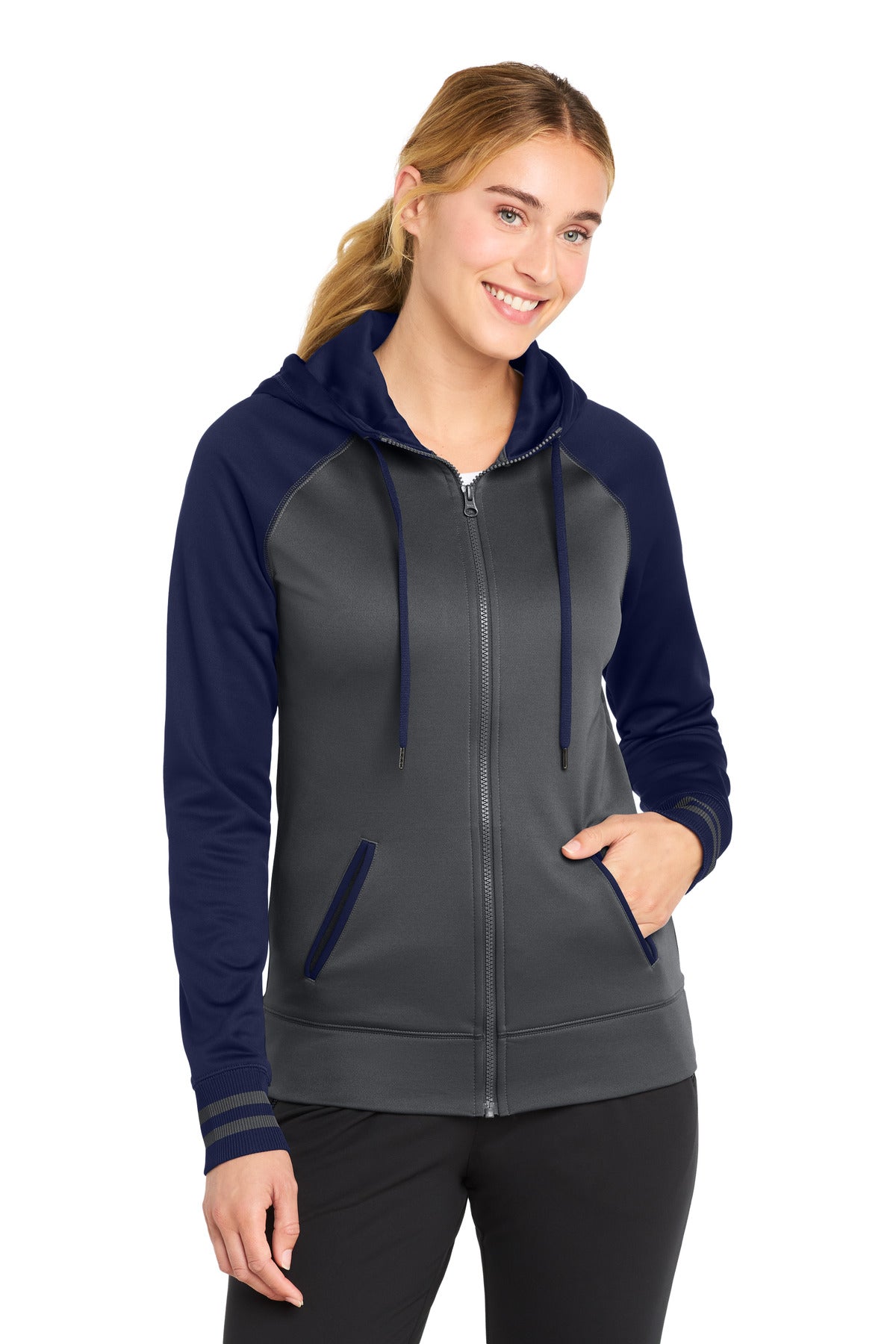Sport-Tek Women's Sport-Wick Varsity Fleece Full-Zip Hooded Jacket. LST236 - Dark Smoke Grey/ Navy