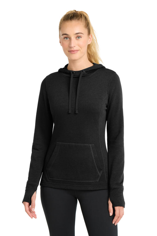 Sport-Tek  Women's PosiCharge  Tri-Blend Wicking Fleece Hooded Pullover. LST296 - Black Triad Solid
