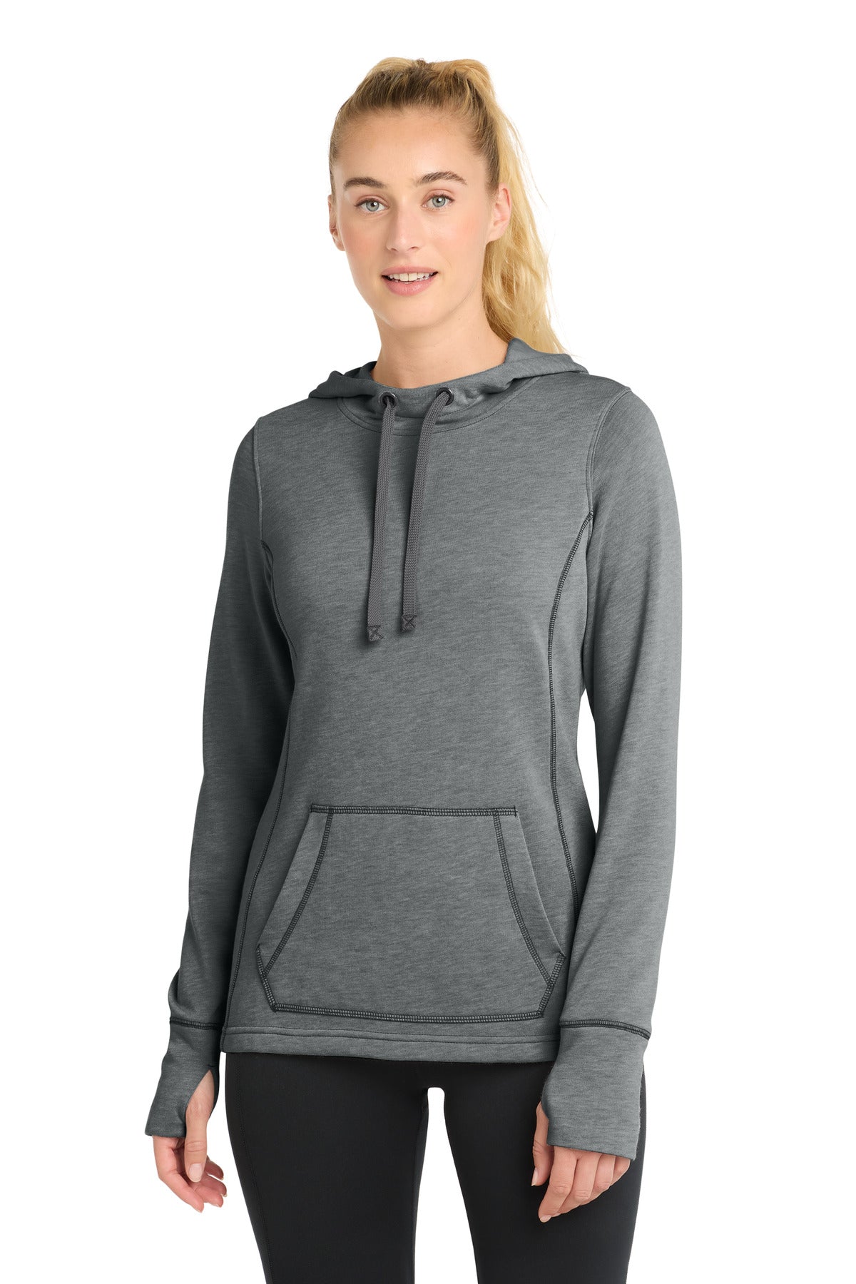 Sport-Tek  Women's PosiCharge  Tri-Blend Wicking Fleece Hooded Pullover. LST296 - Dark Grey Heather