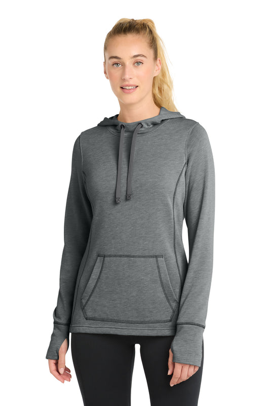 Sport-Tek  Women's PosiCharge  Tri-Blend Wicking Fleece Hooded Pullover. LST296 - Dark Grey Heather