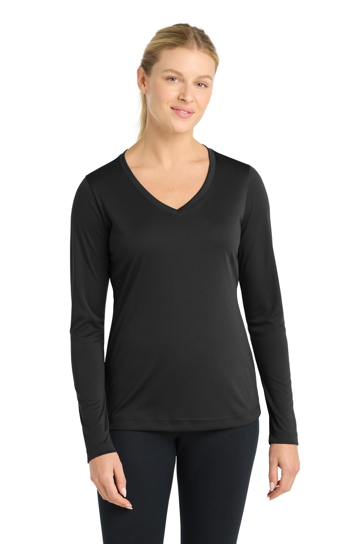 Sport-Tek Women's Long Sleeve PosiCharge Competitor V-Neck Tee. LST353LS - Black
