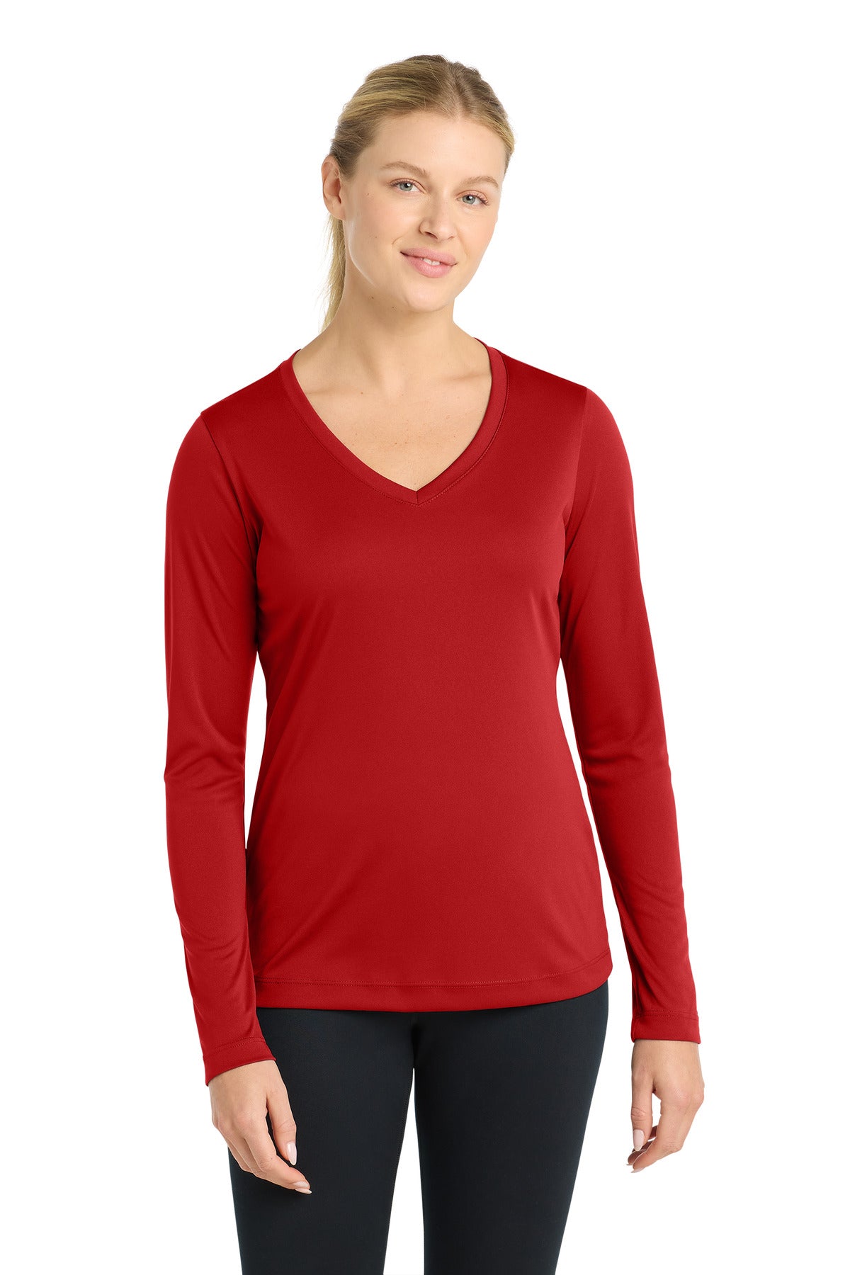 Sport-Tek Women's Long Sleeve PosiCharge Competitor V-Neck Tee. LST353LS - Deep Red