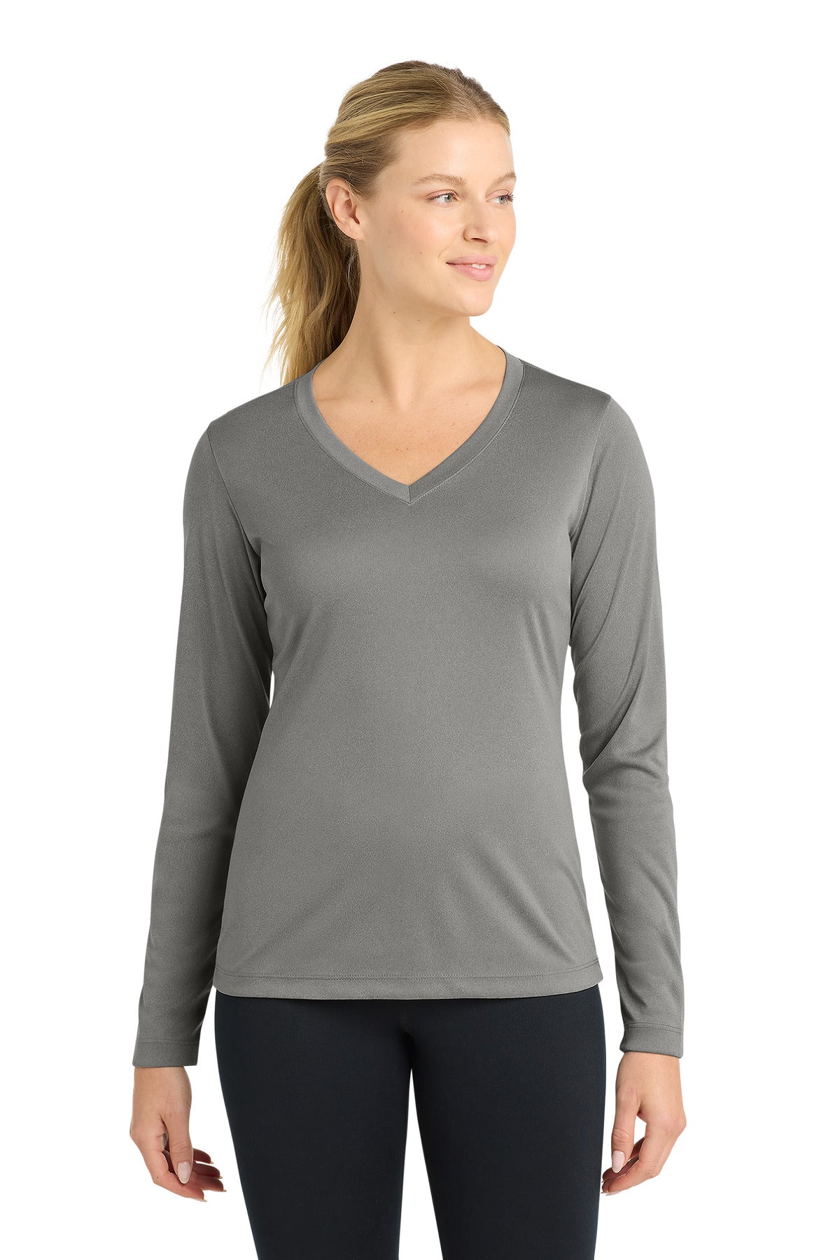 Sport-Tek Women's Long Sleeve PosiCharge Competitor V-Neck Tee. LST353LS - Grey Concrete Heather