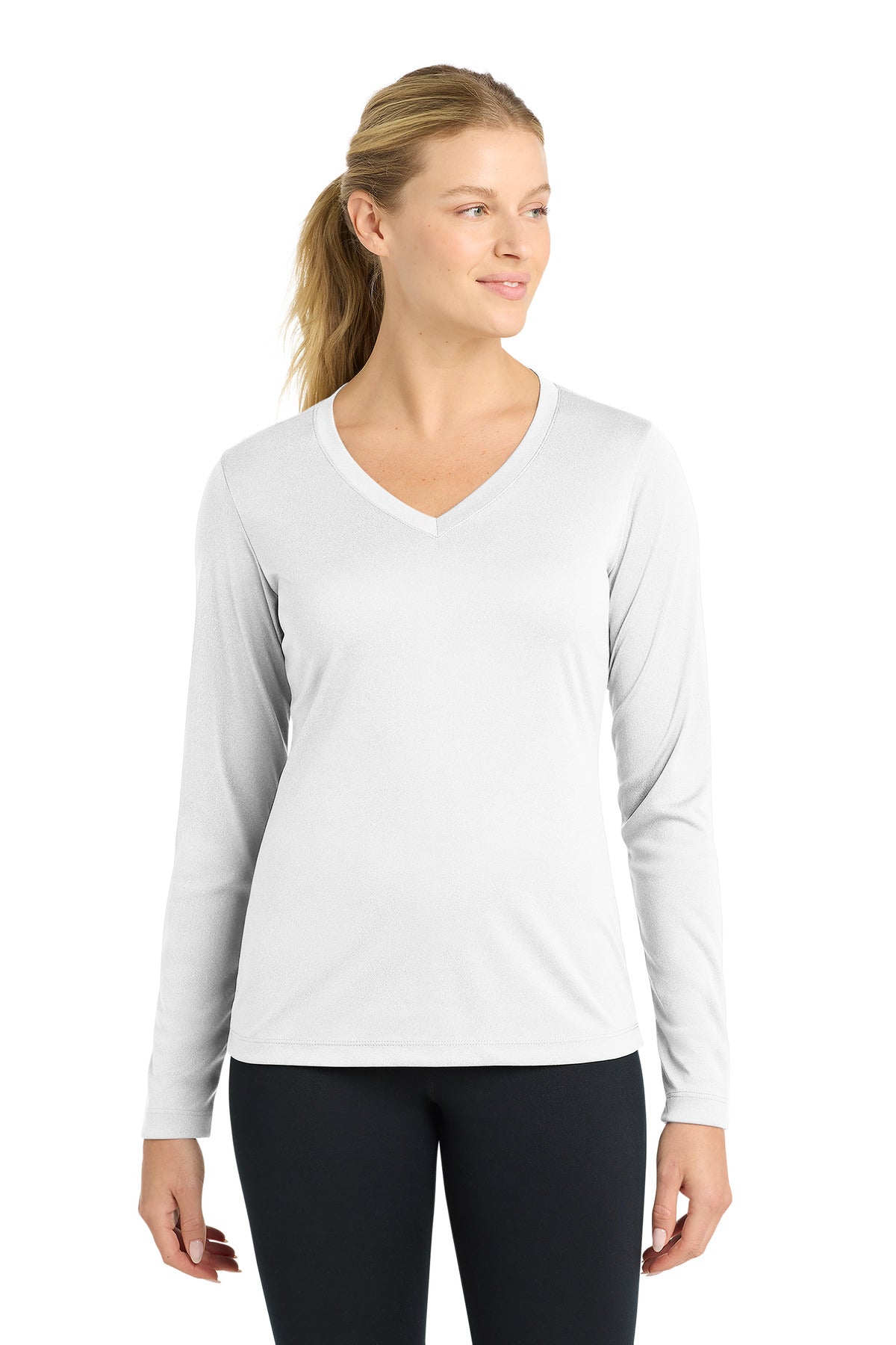 Sport-Tek Women's Long Sleeve PosiCharge Competitor V-Neck Tee. LST353LS - White