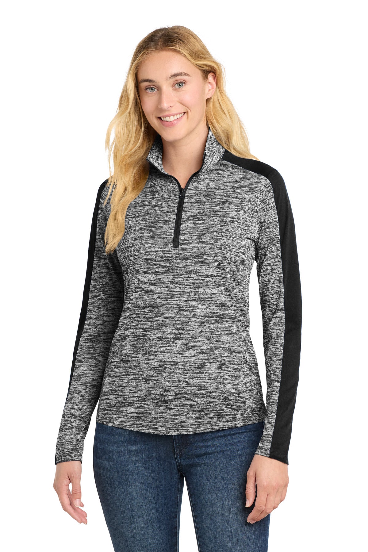 Sport-Tek Women's PosiCharge Electric Heather Colorblock 1/4-Zip Pullover. LST397 - Black Electric/ Black