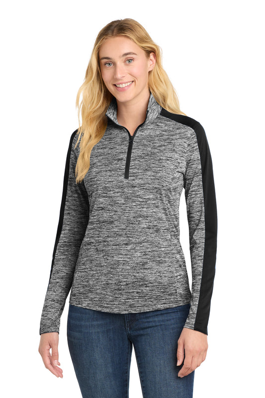 Sport-Tek Women's PosiCharge Electric Heather Colorblock 1/4-Zip Pullover. LST397 - Black Electric/ Black