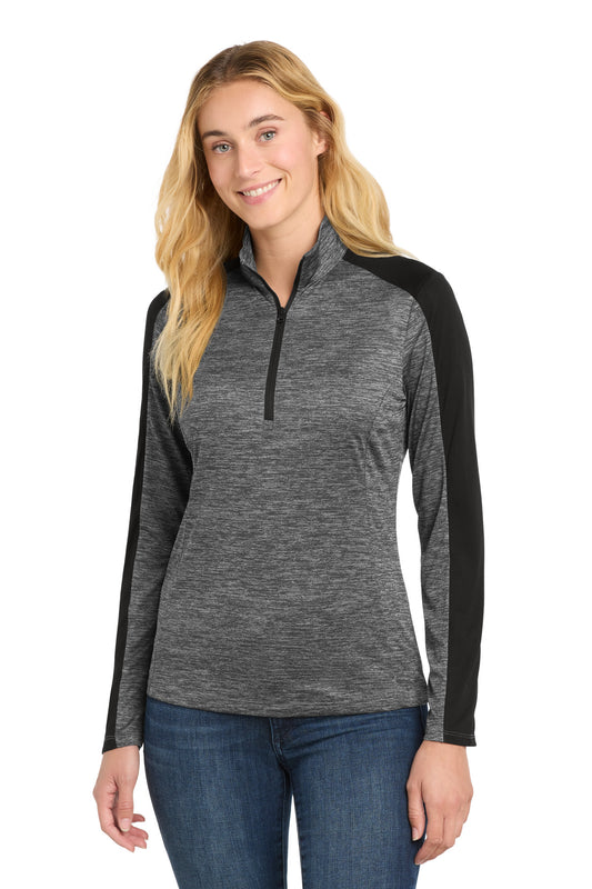 Sport-Tek Women's PosiCharge Electric Heather Colorblock 1/4-Zip Pullover. LST397 - Grey-Black Electric/ Black