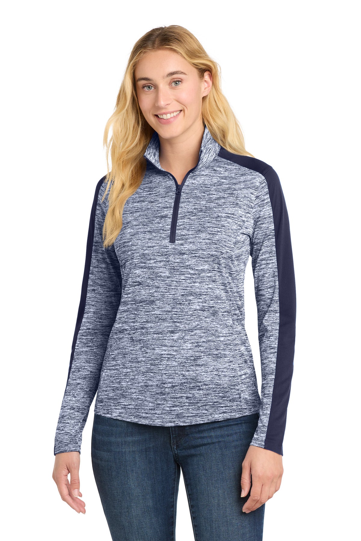 Sport-Tek Women's PosiCharge Electric Heather Colorblock 1/4-Zip Pullover. LST397 - True Navy Electric/ True Navy
