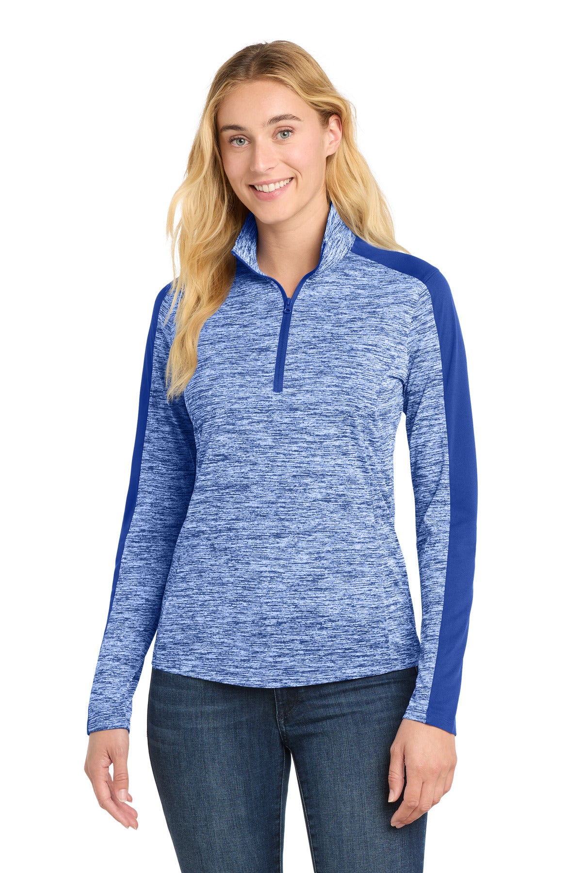 Sport-Tek Women's PosiCharge Electric Heather Colorblock 1/4-Zip Pullover. LST397 - True Royal Electric/ True Royal