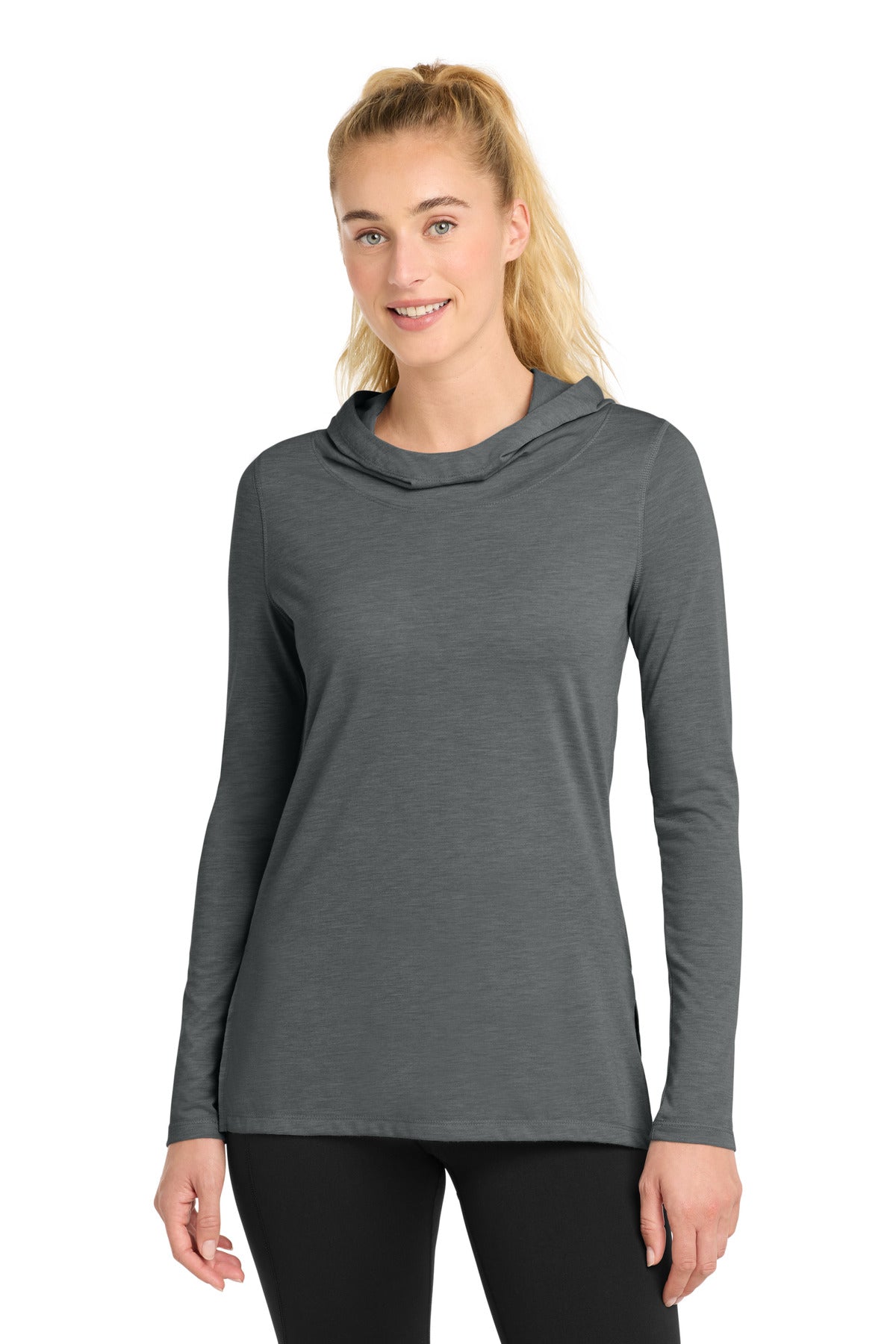 Sport-Tek Women's PosiCharge  Tri-Blend Wicking Long Sleeve Hoodie LST406 - Dark Grey Heather