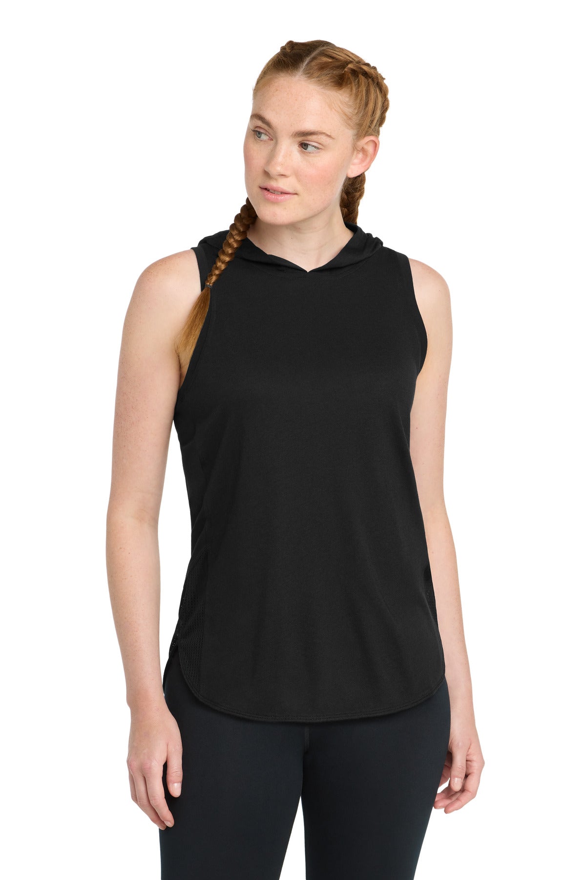 Sport-Tek  Women's PosiCharge  Tri-Blend Wicking Draft Hoodie Tank. LST410 - Black/ Black Triad Solid
