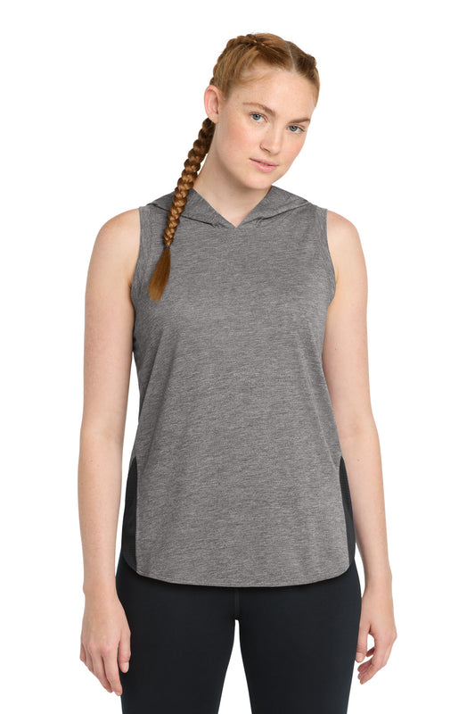 Sport-Tek  Women's PosiCharge  Tri-Blend Wicking Draft Hoodie Tank. LST410 - Black/ Dark Grey Heather