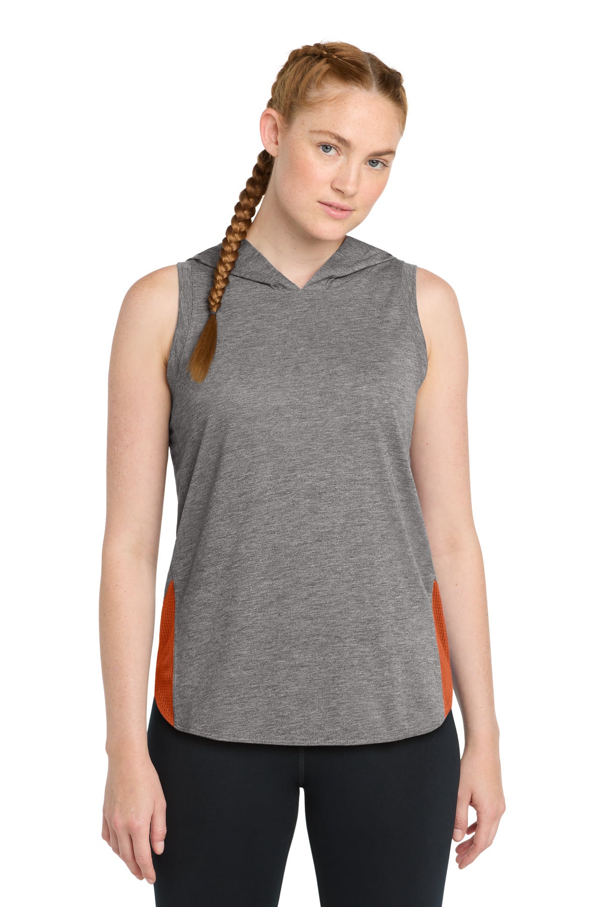 Sport-Tek  Women's PosiCharge  Tri-Blend Wicking Draft Hoodie Tank. LST410 - Deep Orange/ Dark Grey Heather