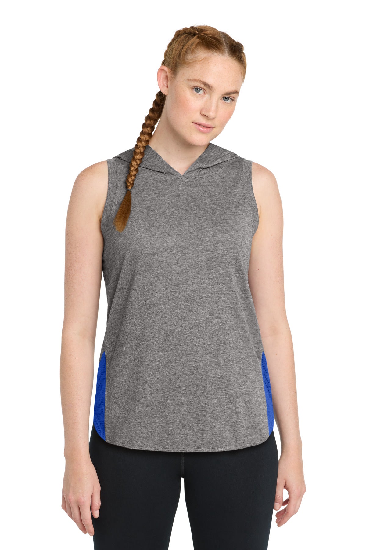 Sport-Tek  Women's PosiCharge  Tri-Blend Wicking Draft Hoodie Tank. LST410 - True Royal/ Dark Grey Heather