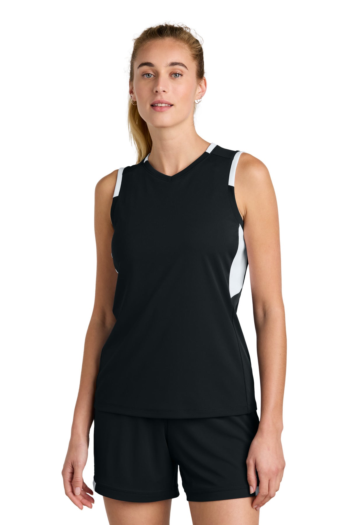 Sport-Tek Women's Club Sleeveless V-Neck LST441 - Black/ White