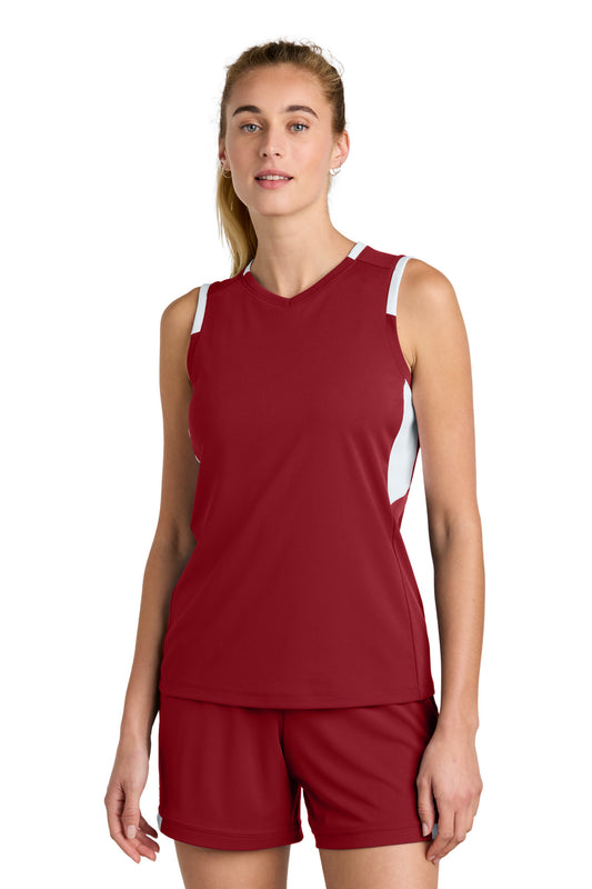 Sport-Tek Women's Club Sleeveless V-Neck LST441 - Deep Red/ White