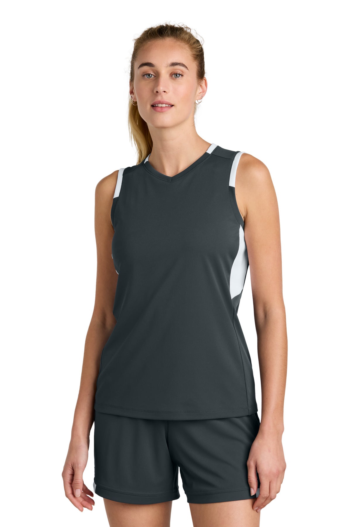 Sport-Tek Women's Club Sleeveless V-Neck LST441 - Iron Grey/ White