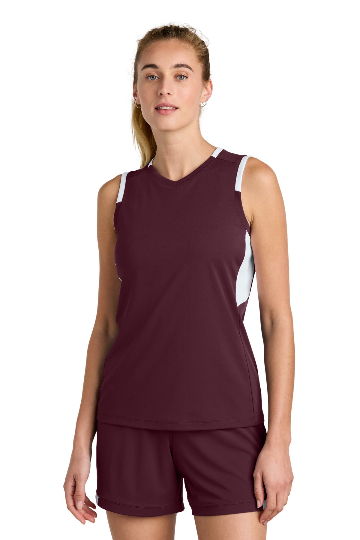 Sport-Tek Women's Club Sleeveless V-Neck LST441 - Maroon/ White
