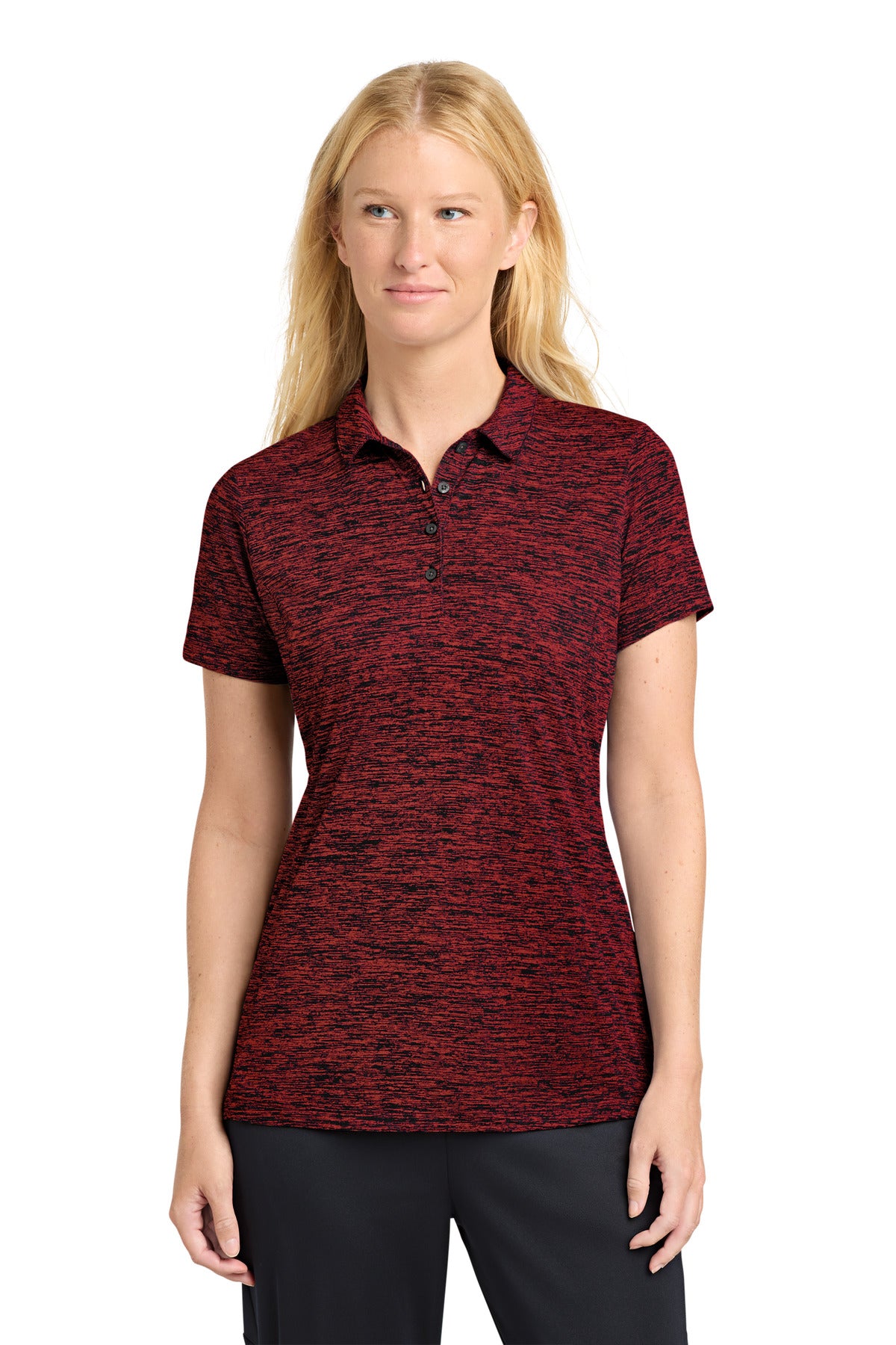 Sport-Tek  Women's PosiCharge  Electric Heather Polo. LST590 - Deep Red/ Black Electric