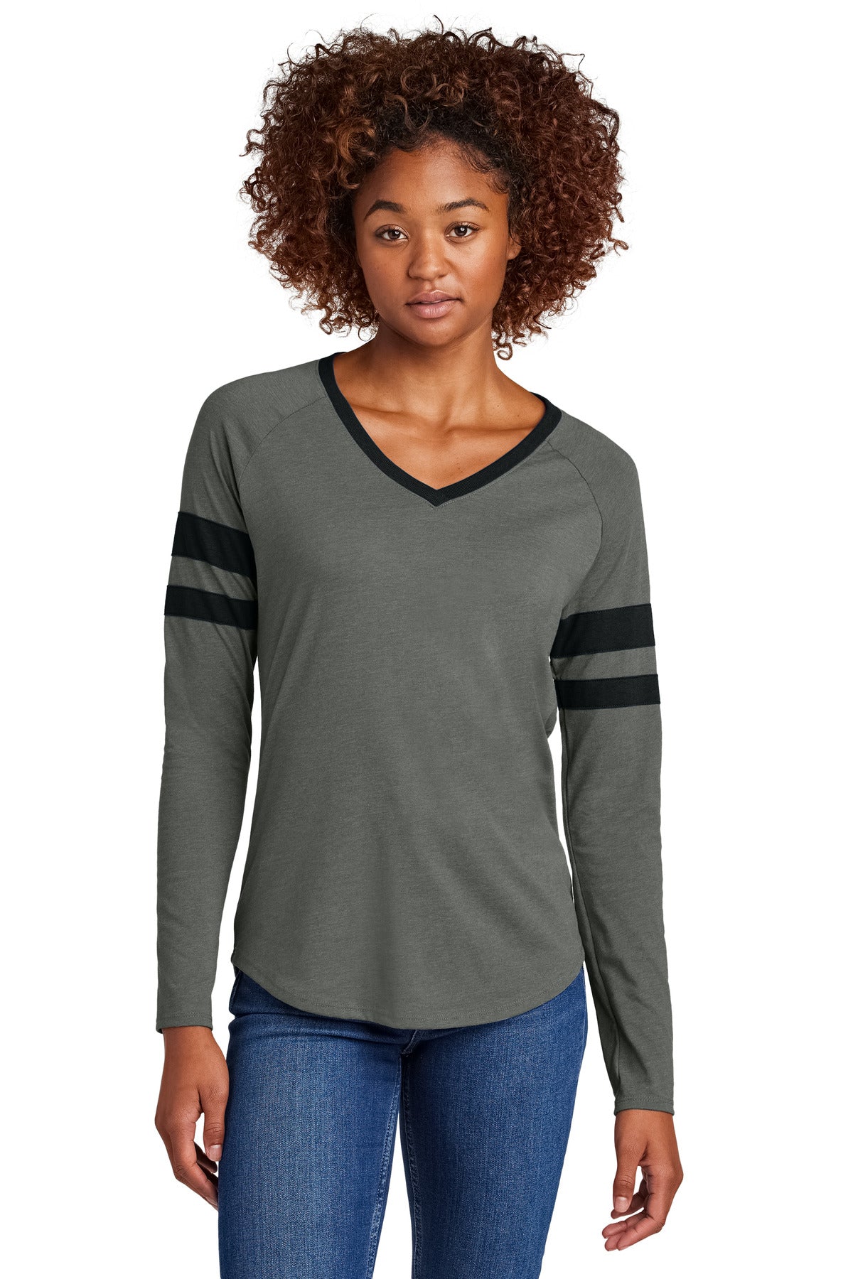 Sport-Tek Women's Halftime Stripe Long Sleeve V-Neck Tee LST6043 - Black/ Vintage Heather