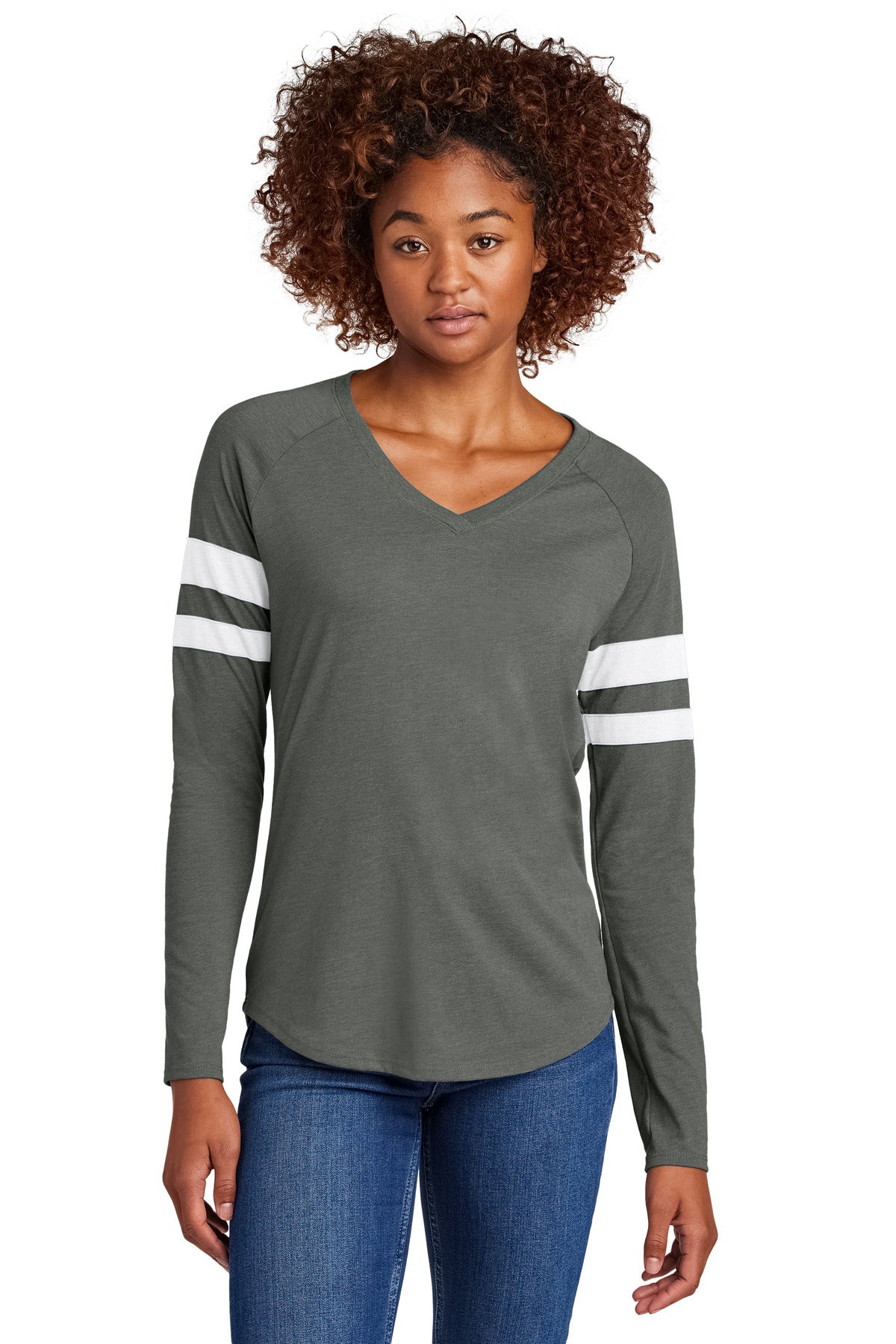 Sport-Tek Women's Halftime Stripe Long Sleeve V-Neck Tee LST6043 - White/ Vintage Heather