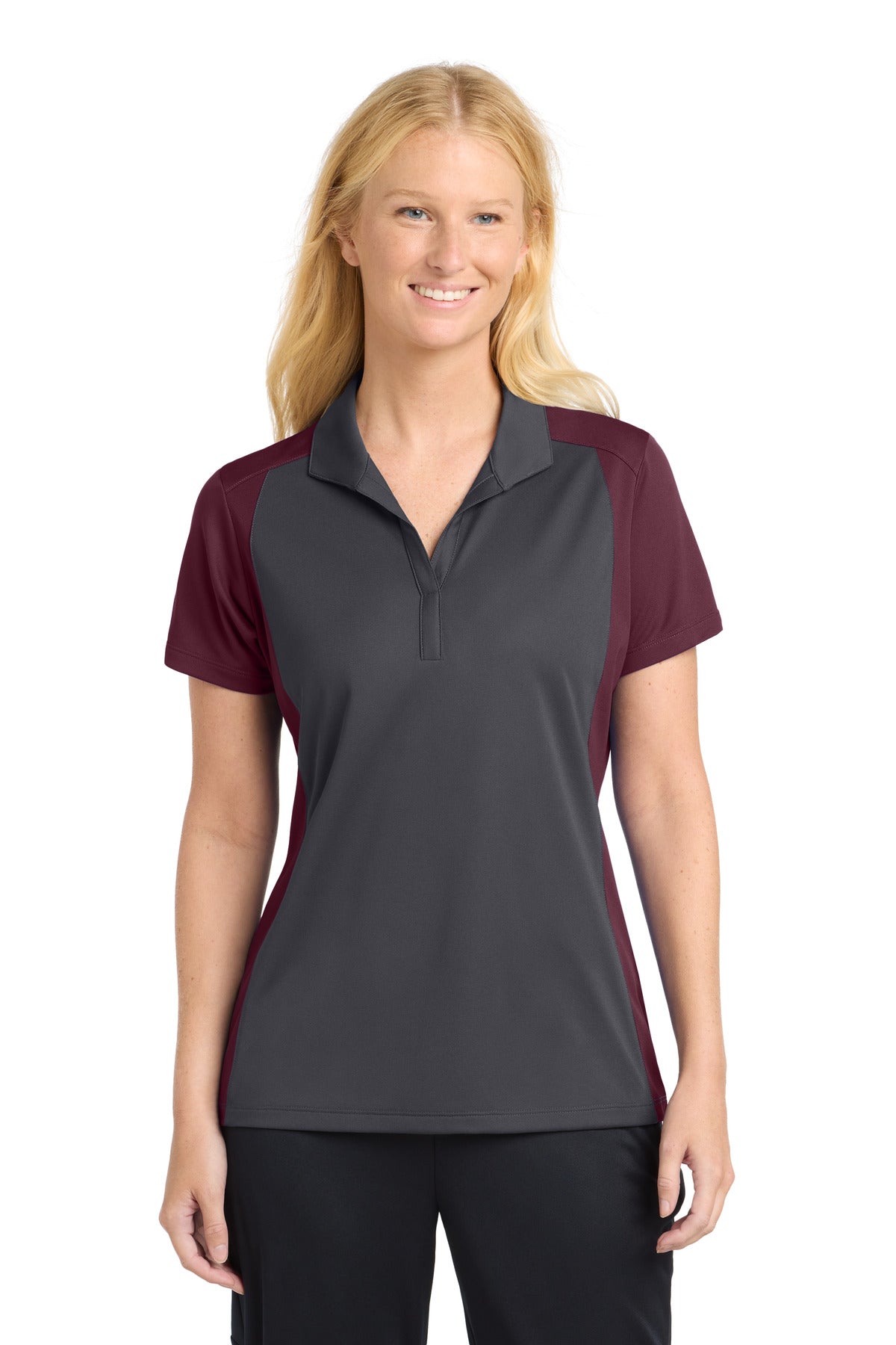 Sport-Tek Women's Colorblock Micropique Sport-Wick Polo. LST652 - Iron Grey/ Maroon