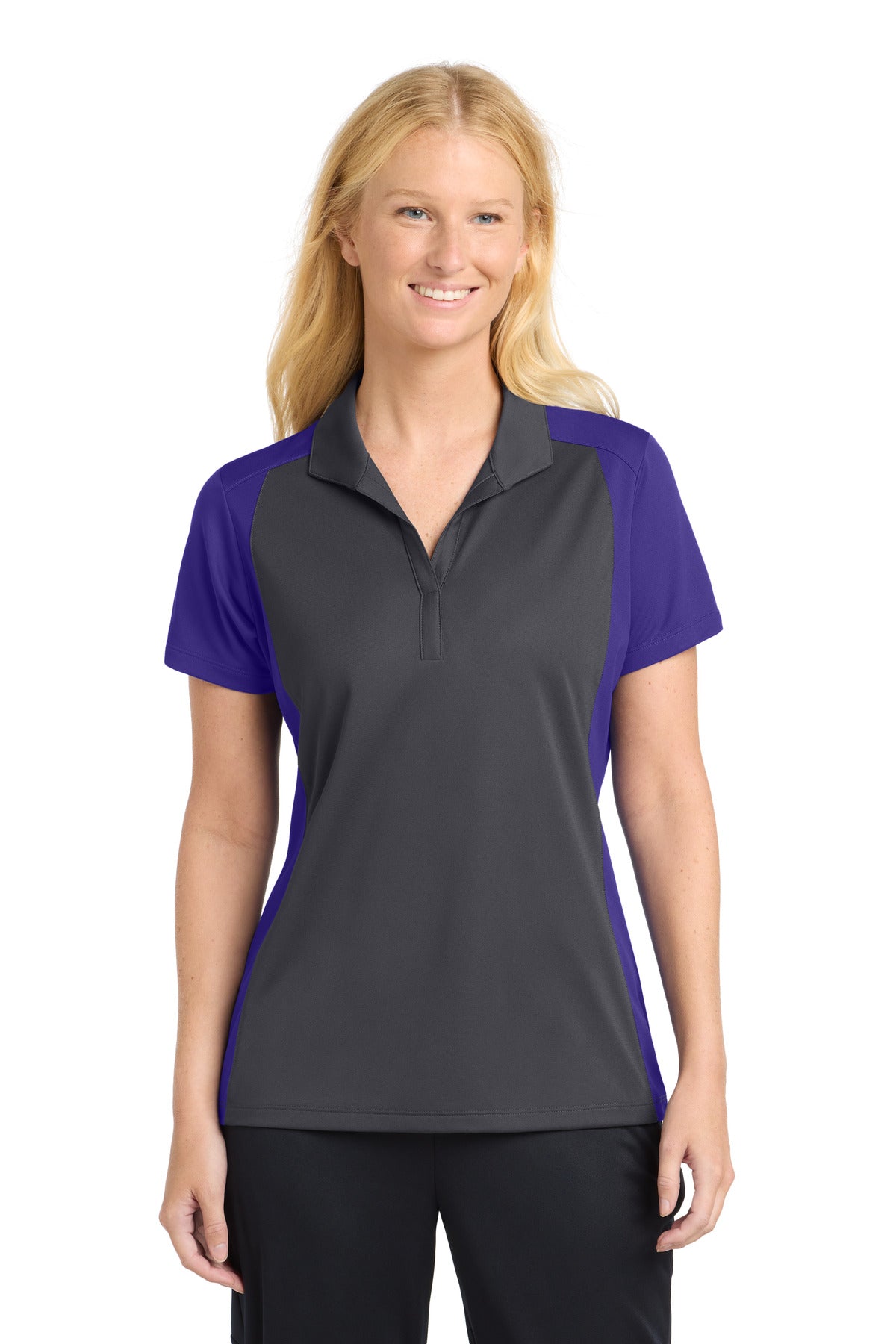Sport-Tek Women's Colorblock Micropique Sport-Wick Polo. LST652 - Iron Grey/ Purple