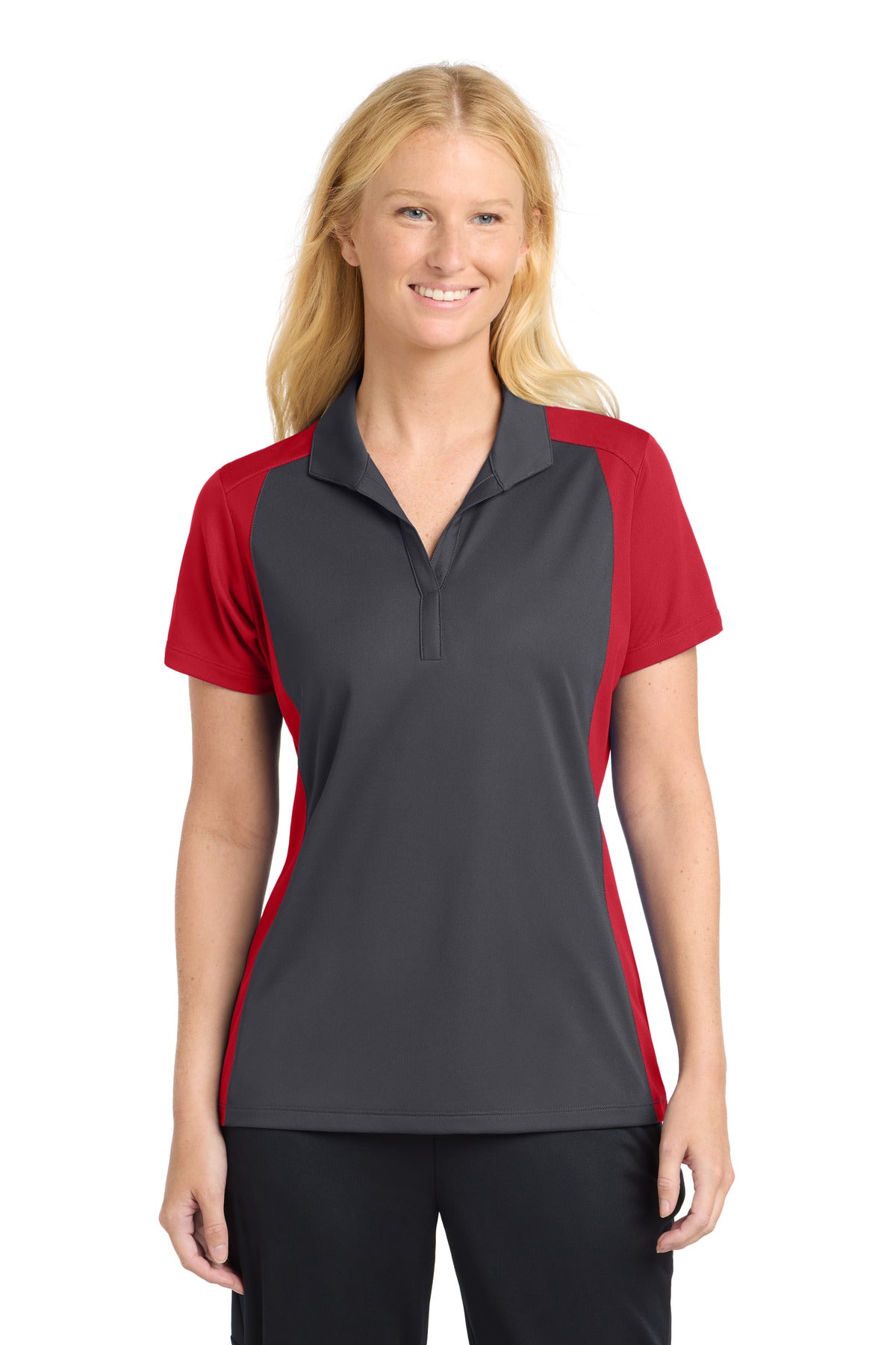 Sport-Tek Women's Colorblock Micropique Sport-Wick Polo. LST652 - Iron Grey/ True Red