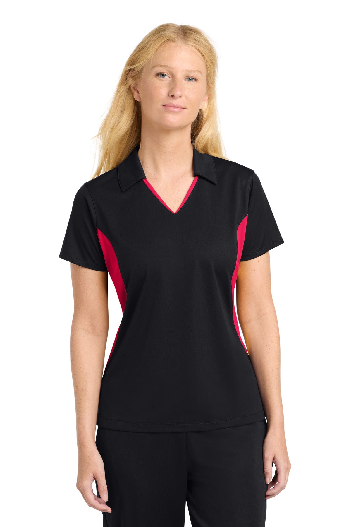 Sport-Tek Women's Side Blocked Micropique Sport-Wick Polo. LST655 - Black/ Deep Red
