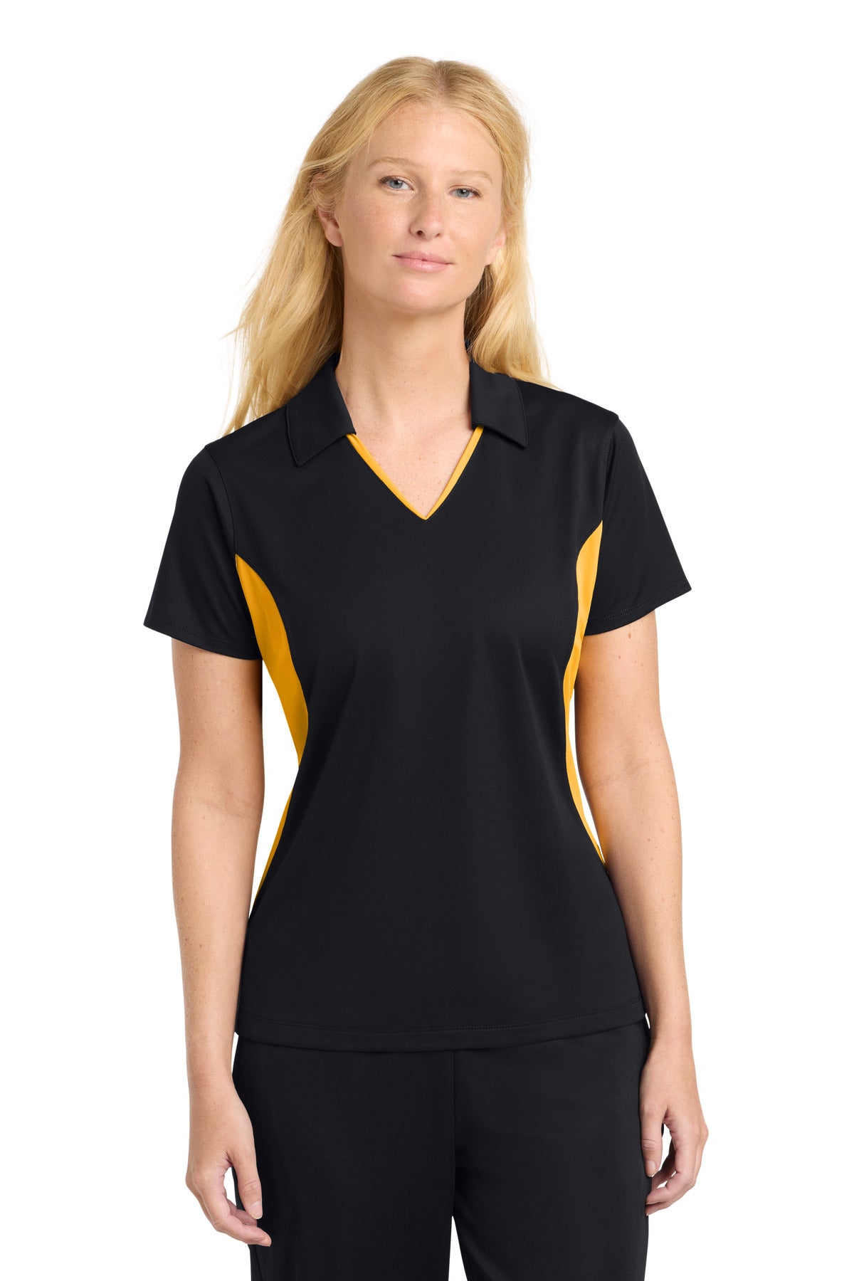 Sport-Tek Women's Side Blocked Micropique Sport-Wick Polo. LST655 - Black/ Gold