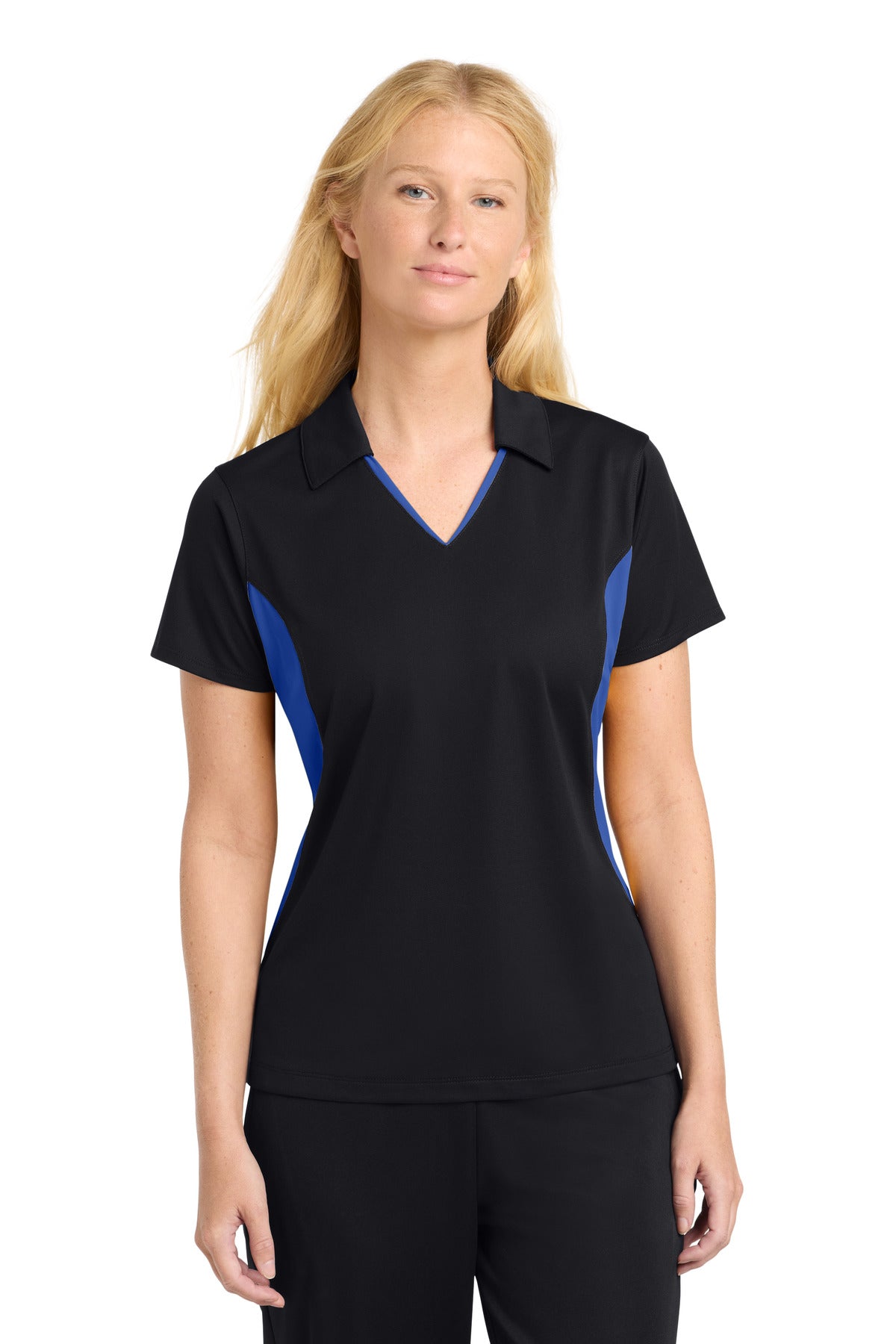 Sport-Tek Women's Side Blocked Micropique Sport-Wick Polo. LST655 - Black/ True Royal