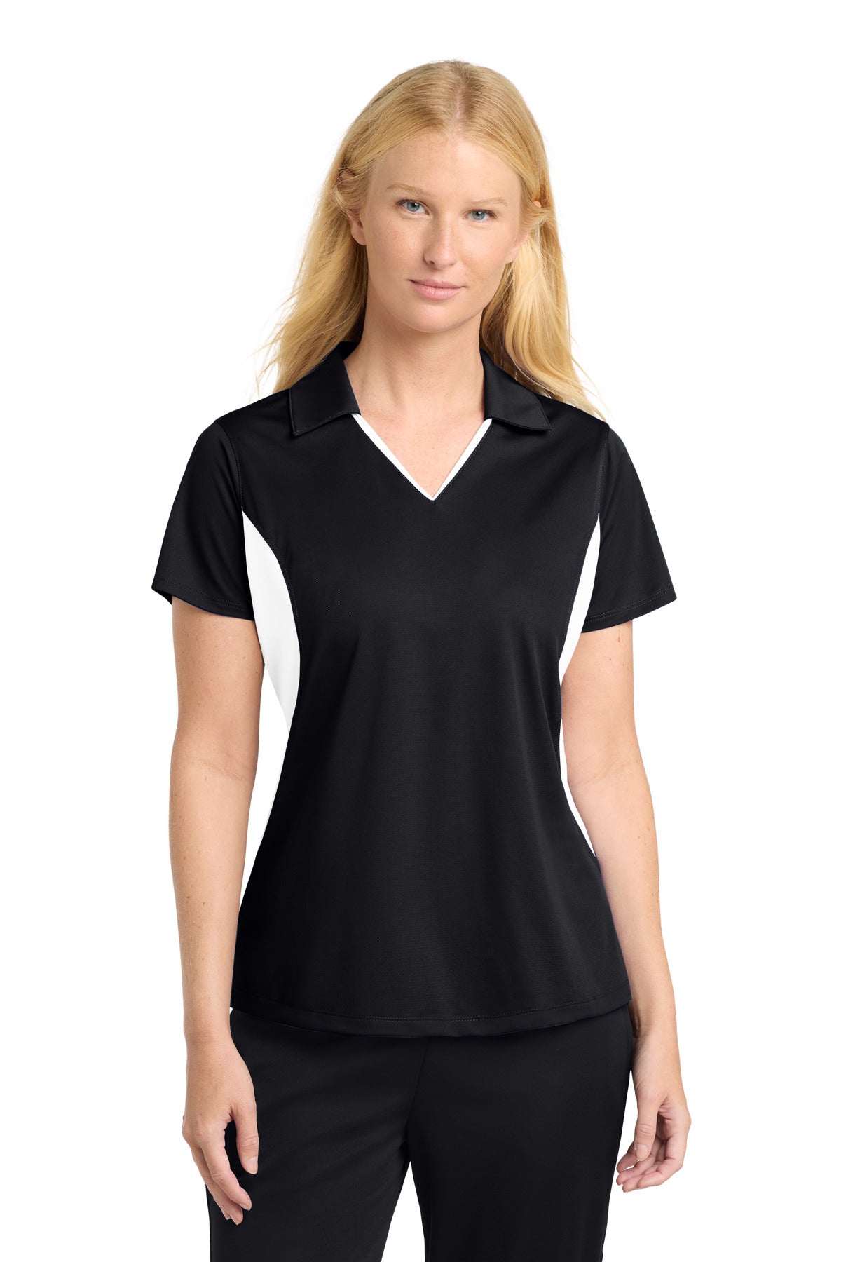 Sport-Tek Women's Side Blocked Micropique Sport-Wick Polo. LST655 - Black/ White