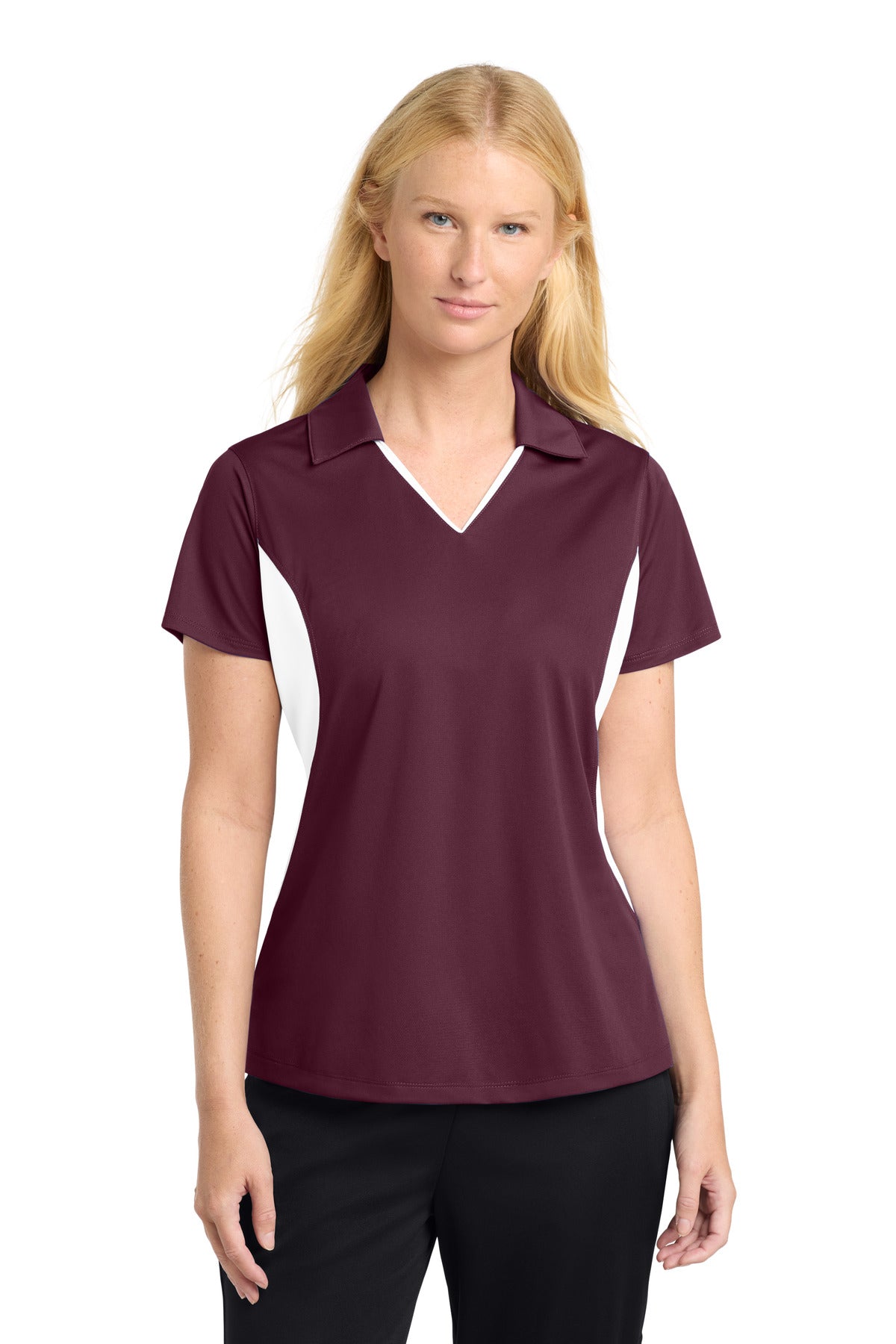 Sport-Tek Women's Side Blocked Micropique Sport-Wick Polo. LST655 - Maroon/ White