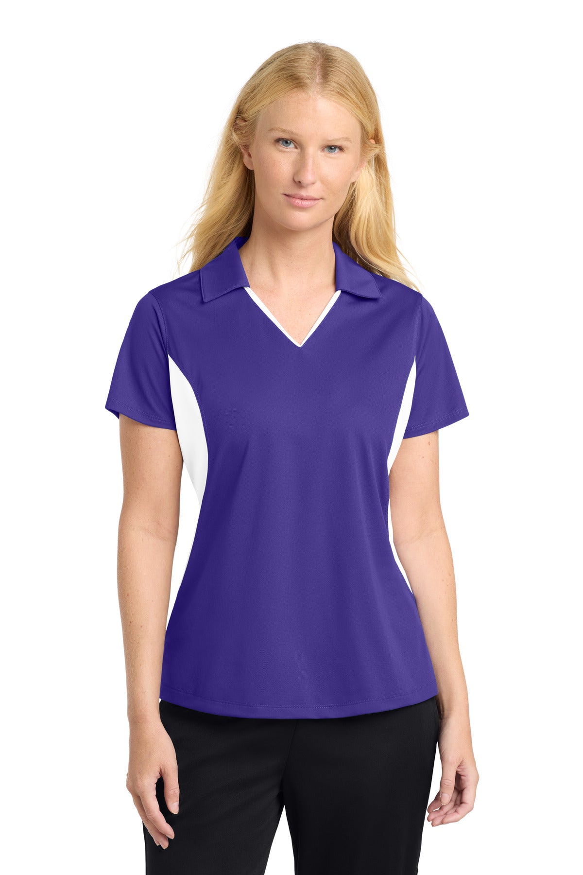 Sport-Tek Women's Side Blocked Micropique Sport-Wick Polo. LST655 - Purple/ White