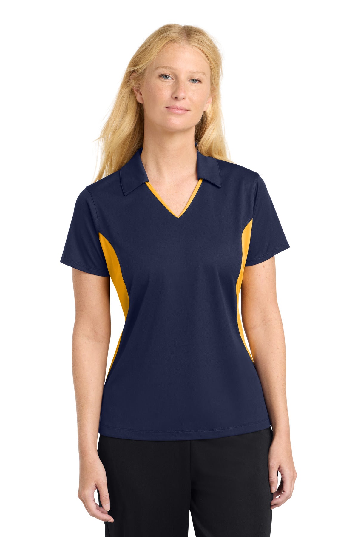 Sport-Tek Women's Side Blocked Micropique Sport-Wick Polo. LST655 - True Navy/ Gold