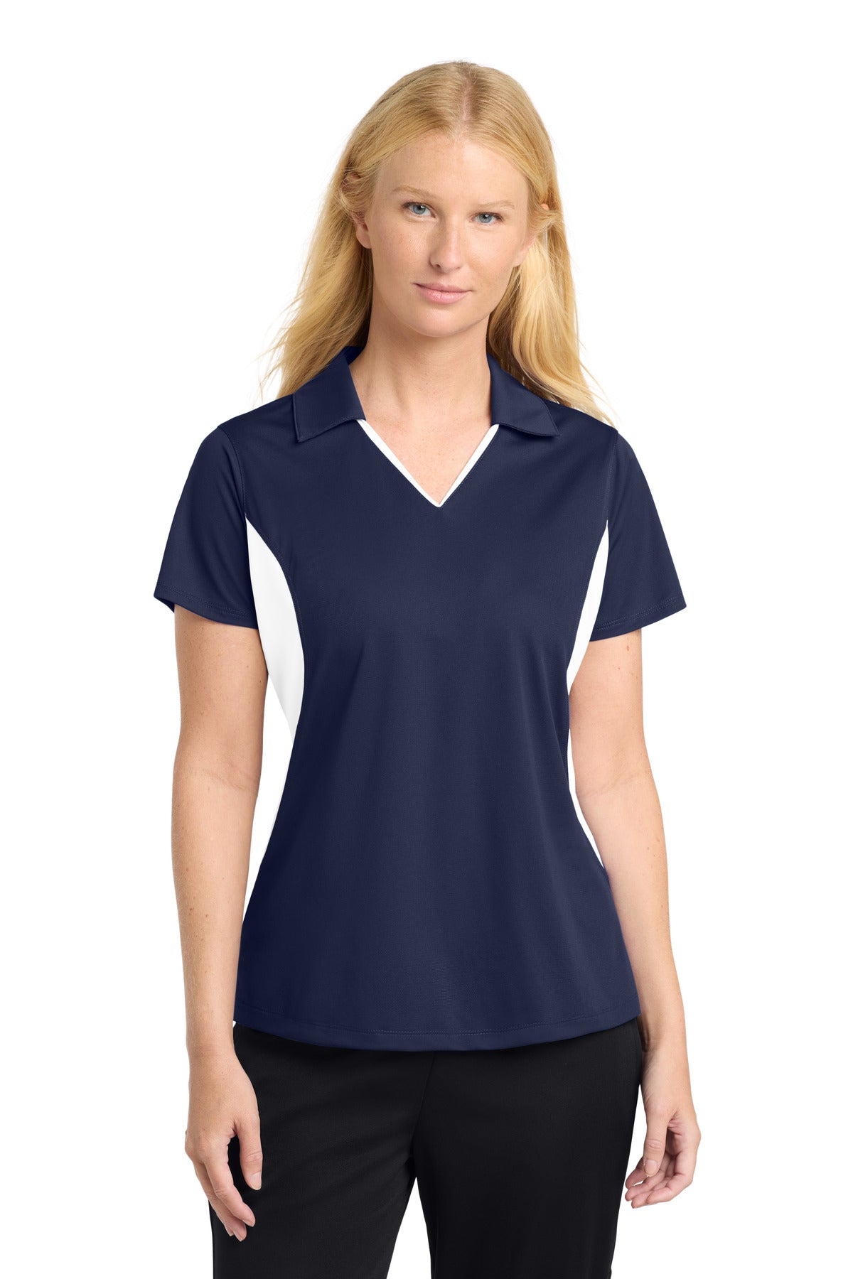Sport-Tek Women's Side Blocked Micropique Sport-Wick Polo. LST655 - True Navy/ White