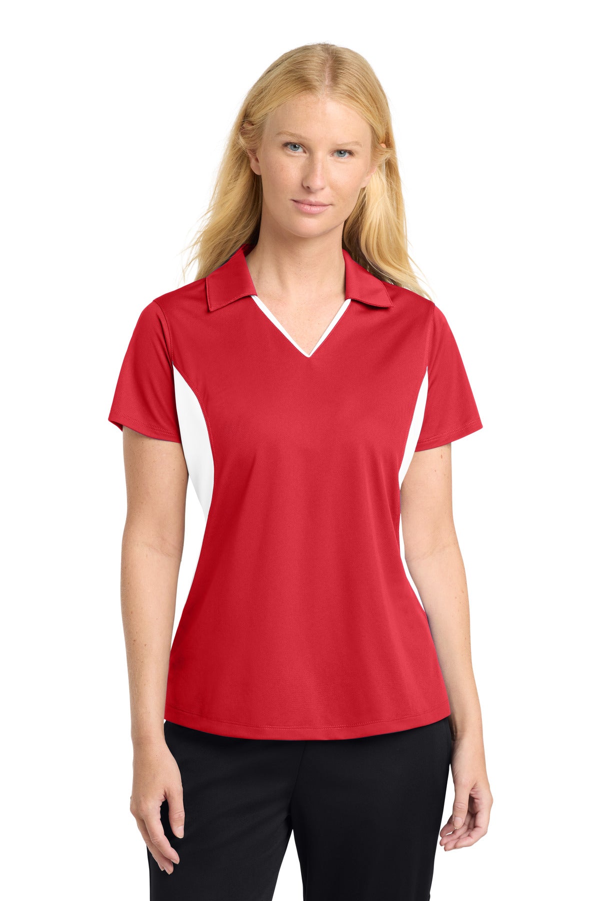 Sport-Tek Women's Side Blocked Micropique Sport-Wick Polo. LST655 - True Red/ White