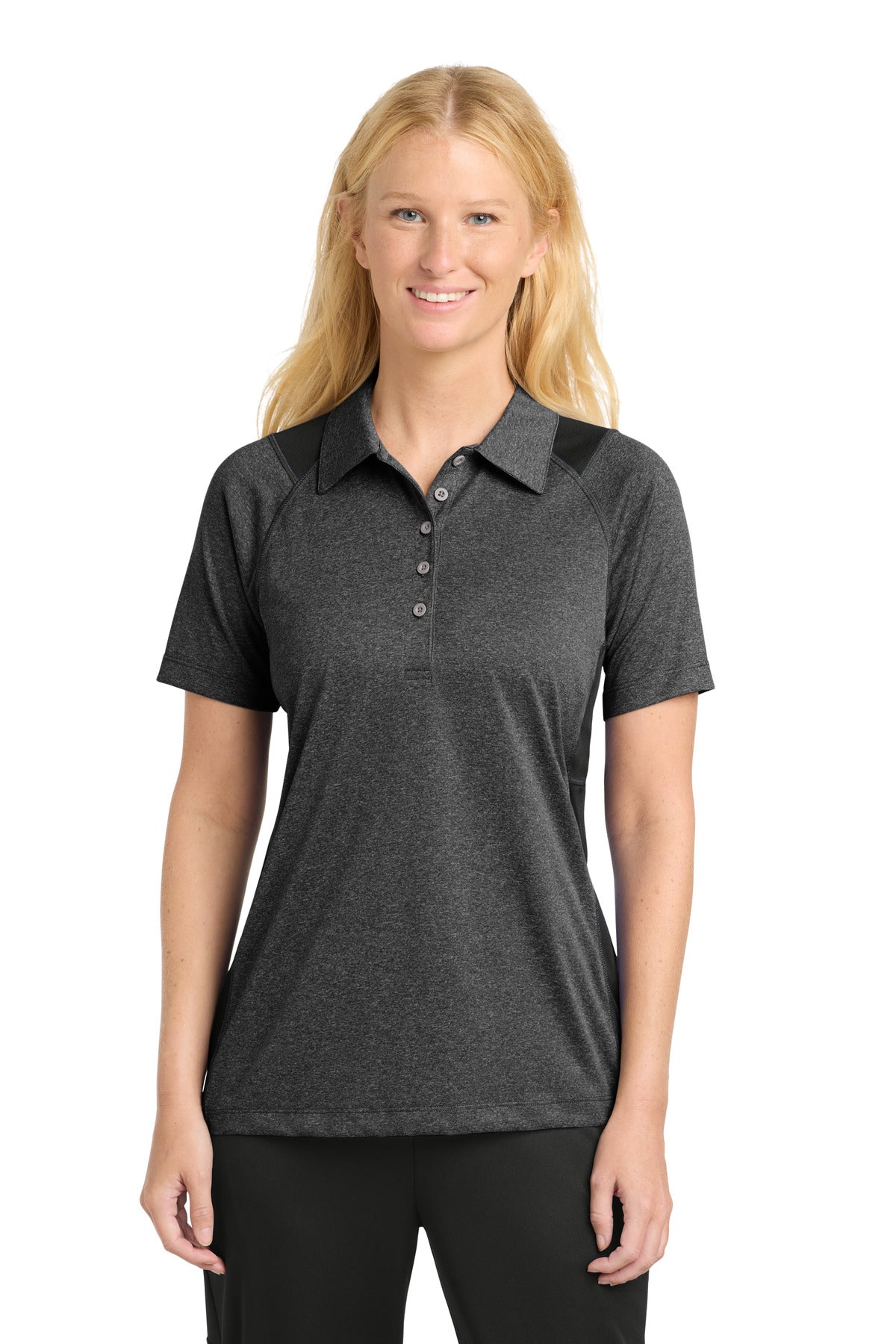 Sport-Tek Women's Heather Colorblock Contender Polo. LST665 - Graphite Heather/ Black