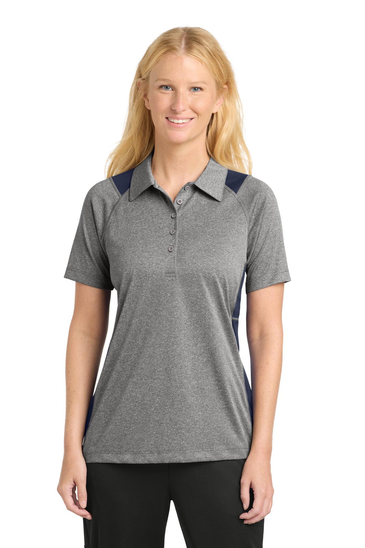 Sport-Tek Women's Heather Colorblock Contender Polo. LST665 - Vintage Heather/ True Navy