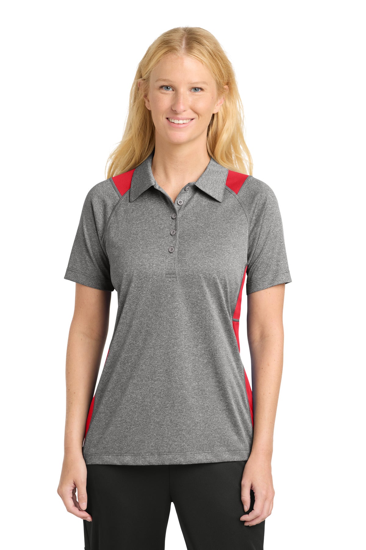 Sport-Tek Women's Heather Colorblock Contender Polo. LST665 - Vintage Heather/ True Red