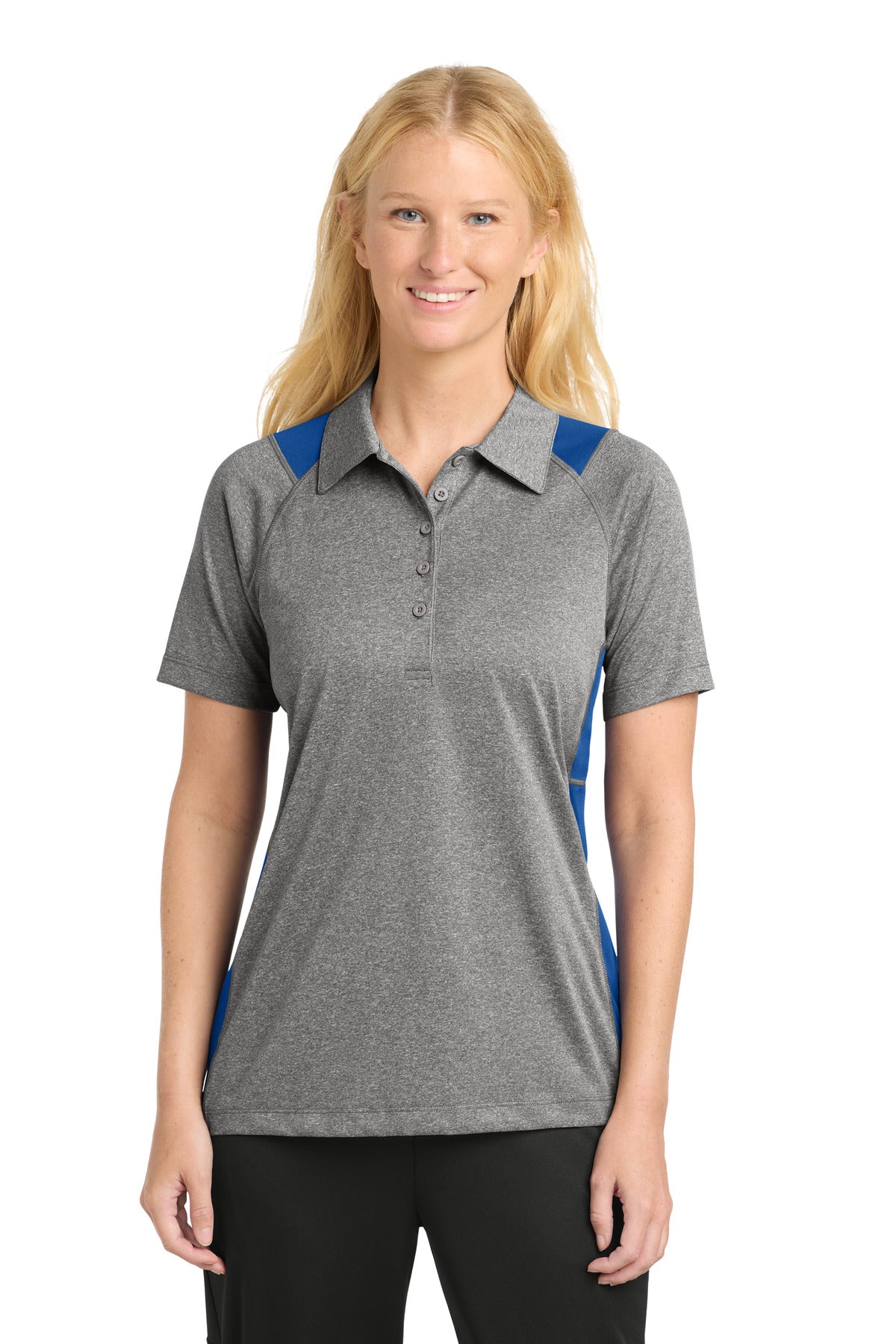 Sport-Tek Women's Heather Colorblock Contender Polo. LST665 - Vintage Heather/ True Royal