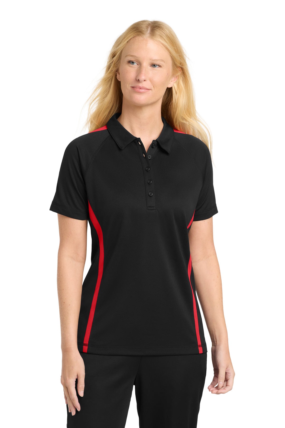 Sport-Tek Women's PosiCharge Micro-Mesh Colorblock Polo. LST685 - Black/ Red