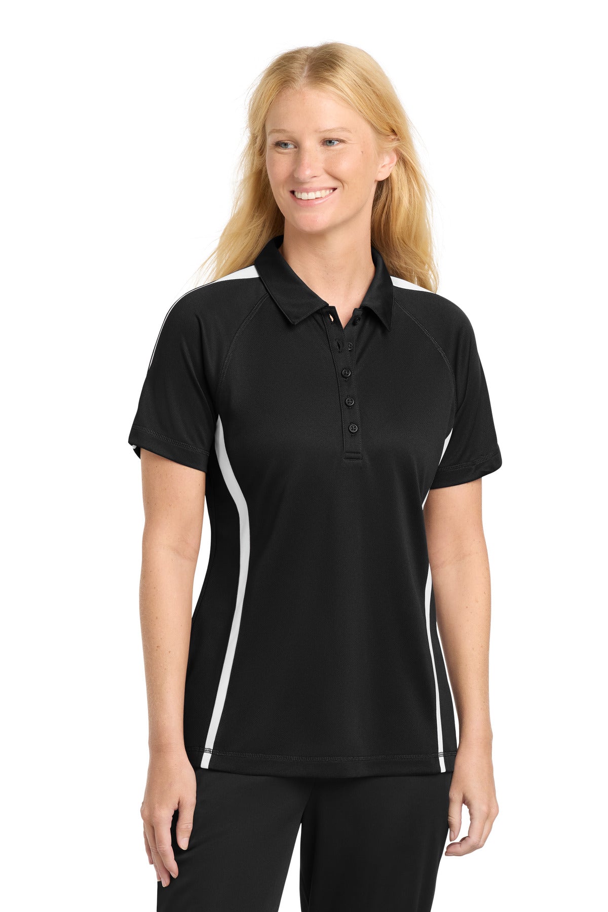 Sport-Tek Women's PosiCharge Micro-Mesh Colorblock Polo. LST685 - Black/ White