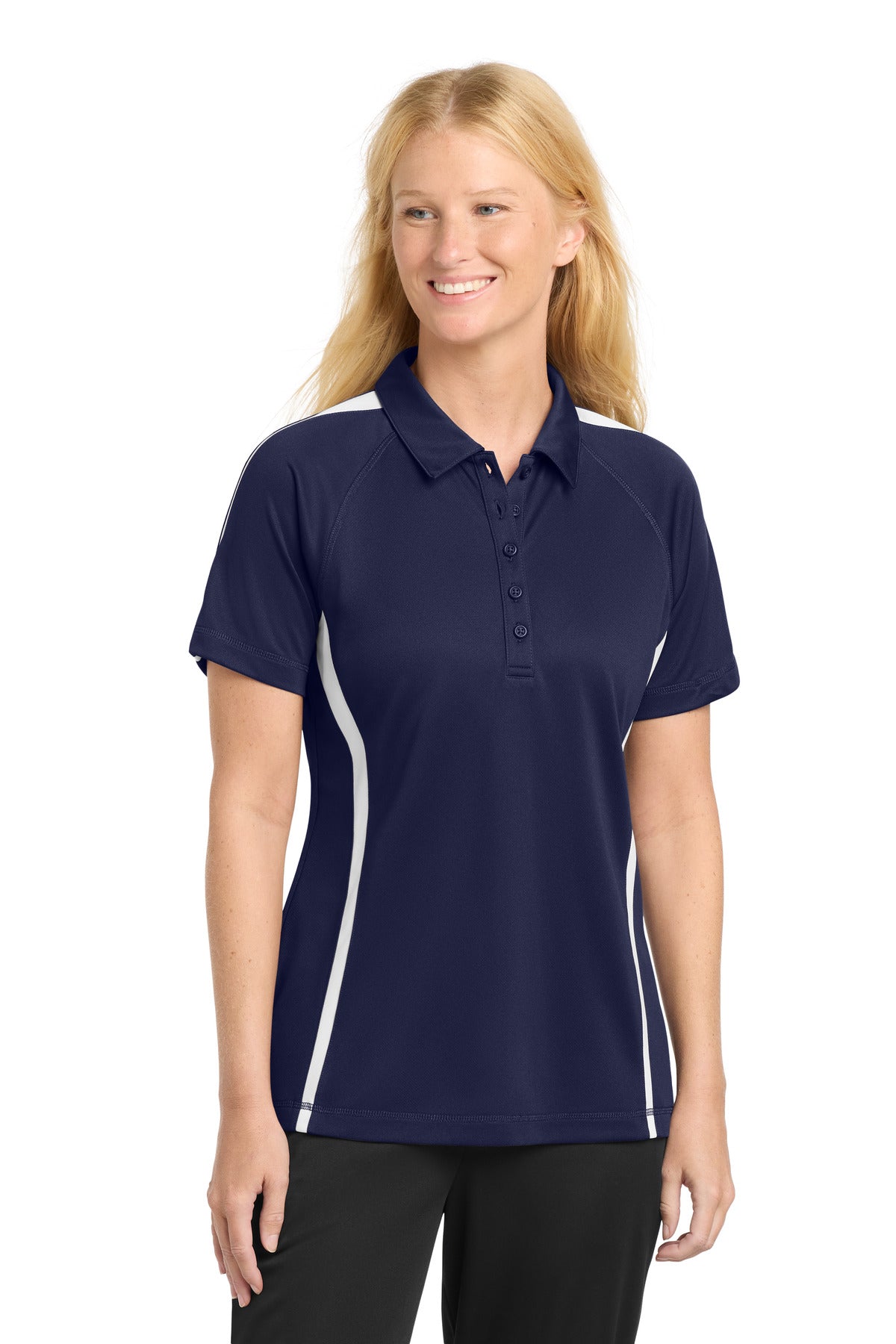 Sport-Tek Women's PosiCharge Micro-Mesh Colorblock Polo. LST685 - True Navy/ White
