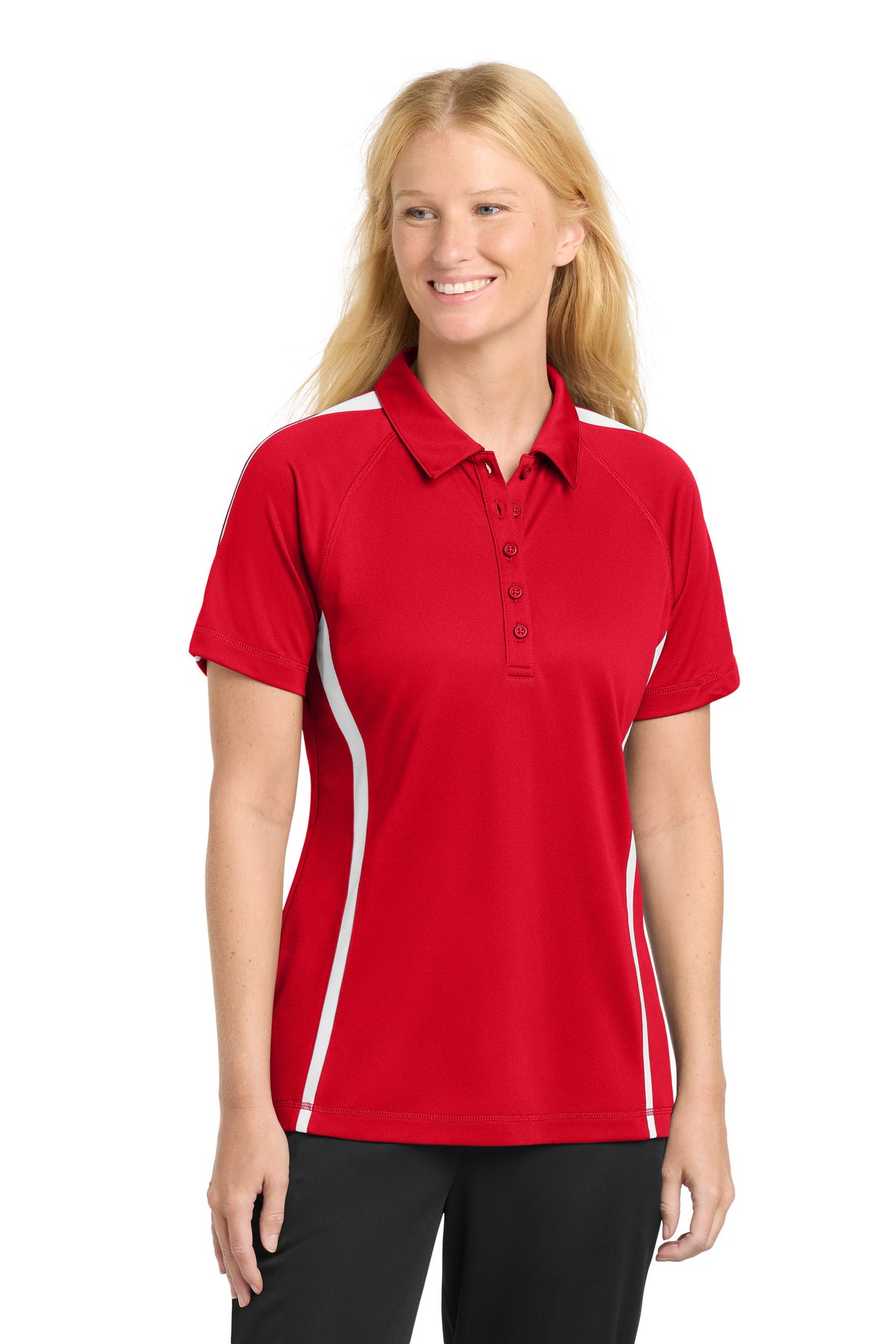 Sport-Tek Women's PosiCharge Micro-Mesh Colorblock Polo. LST685 - True Red/ White