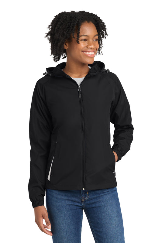 Sport-Tek Women's Colorblock Hooded Raglan Jacket. LST76 - Black/ White