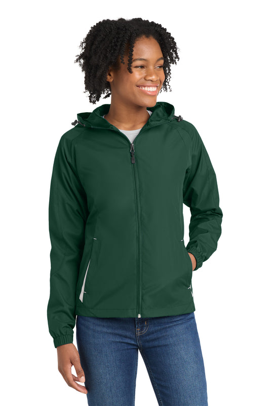 Sport-Tek Women's Colorblock Hooded Raglan Jacket. LST76 - Forest Green/ White