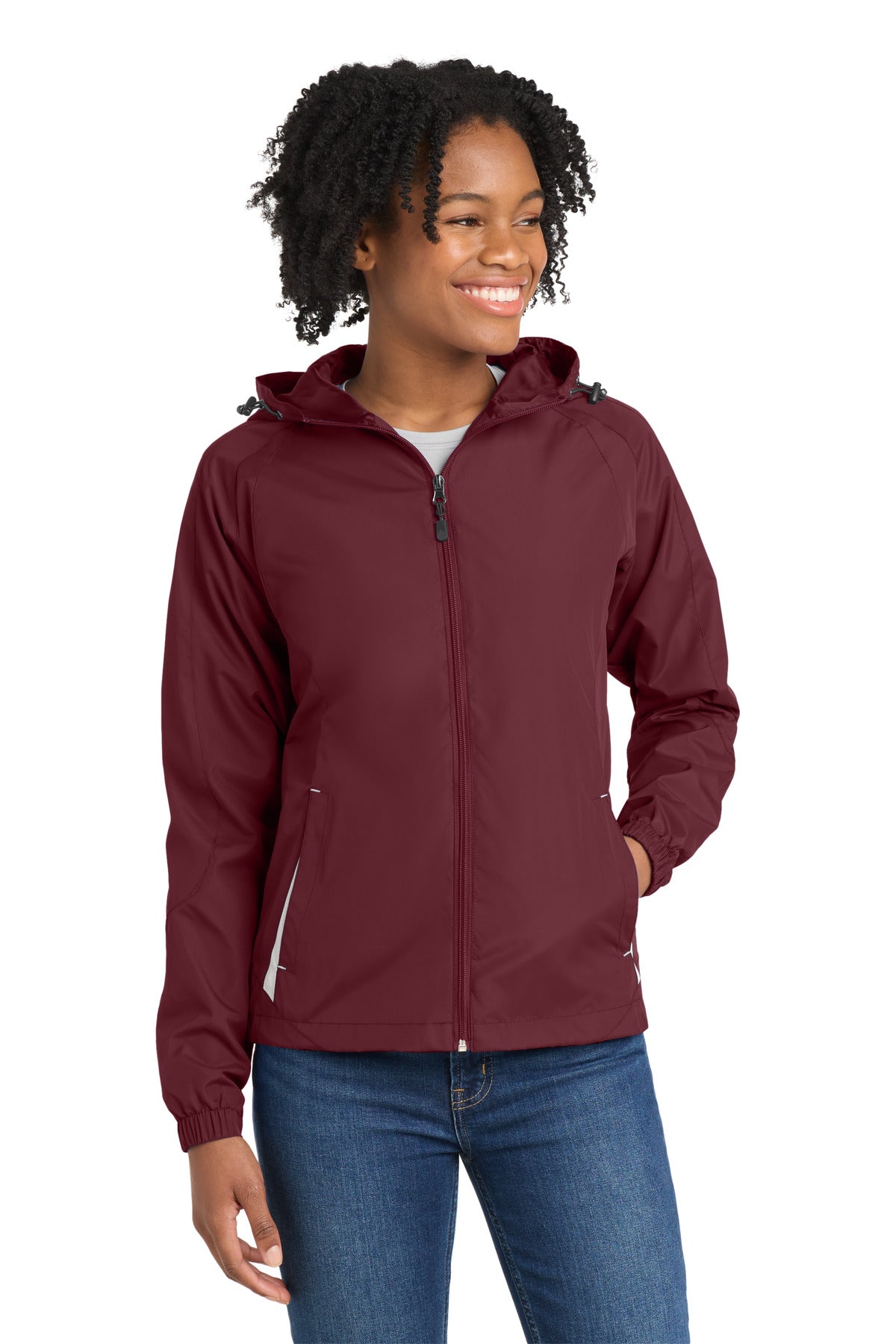Sport-Tek Women's Colorblock Hooded Raglan Jacket. LST76 - Maroon/ White