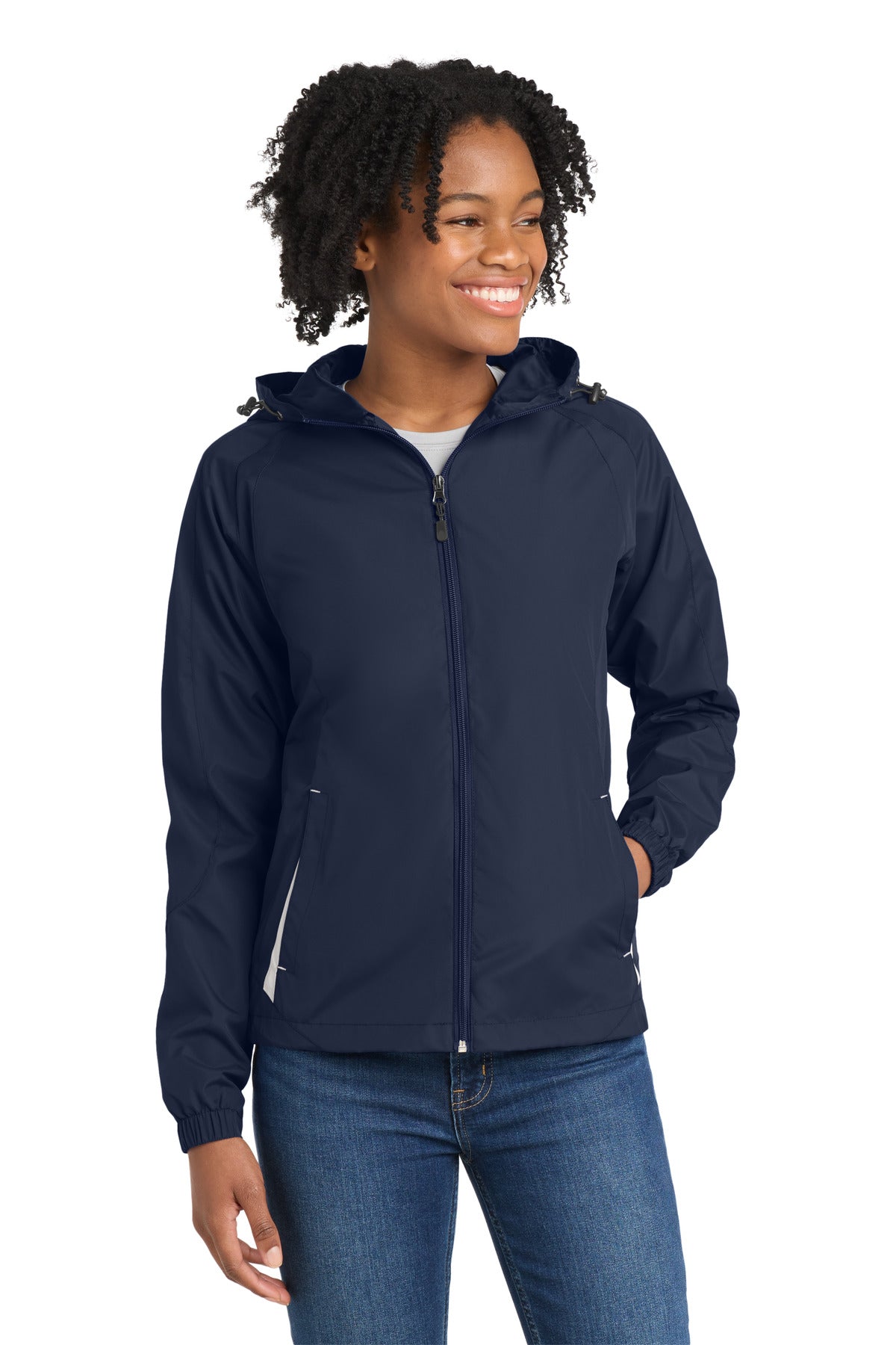 Sport-Tek Women's Colorblock Hooded Raglan Jacket. LST76 - True Navy/ White