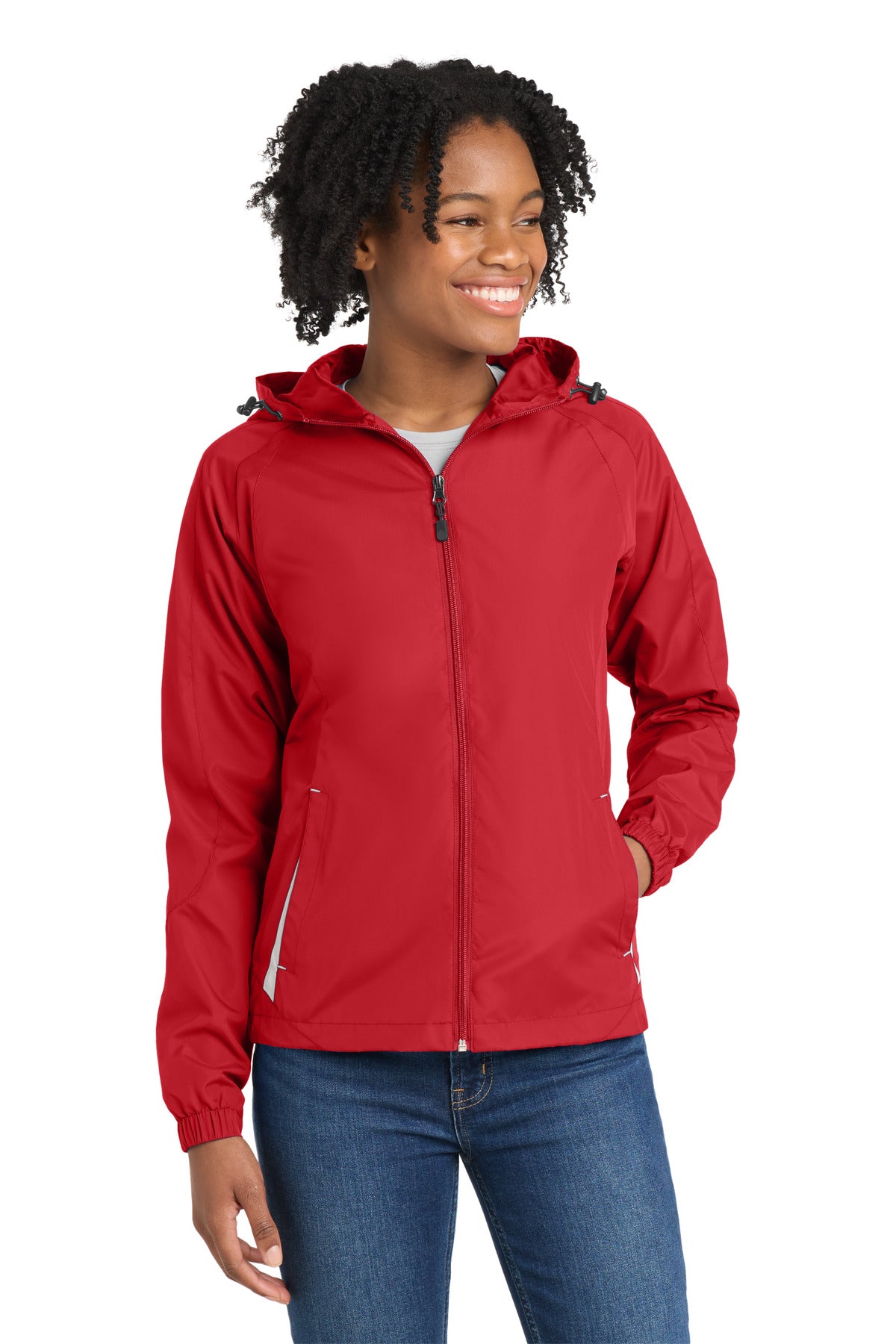 Sport-Tek Women's Colorblock Hooded Raglan Jacket. LST76 - True Red/ White